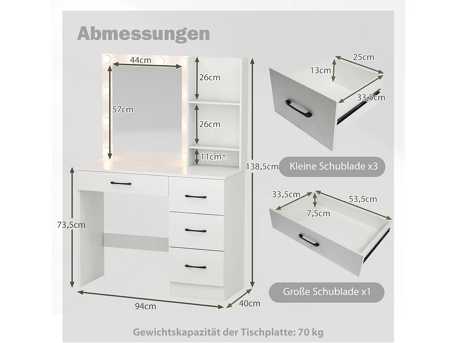 Make-uptafel met ledverlichting, 3 kleuren met instelbare helderheid, kaptafel met laadstation, spiegel,open planken en haardrogerhouder,cosmeticatafel,witTG32143