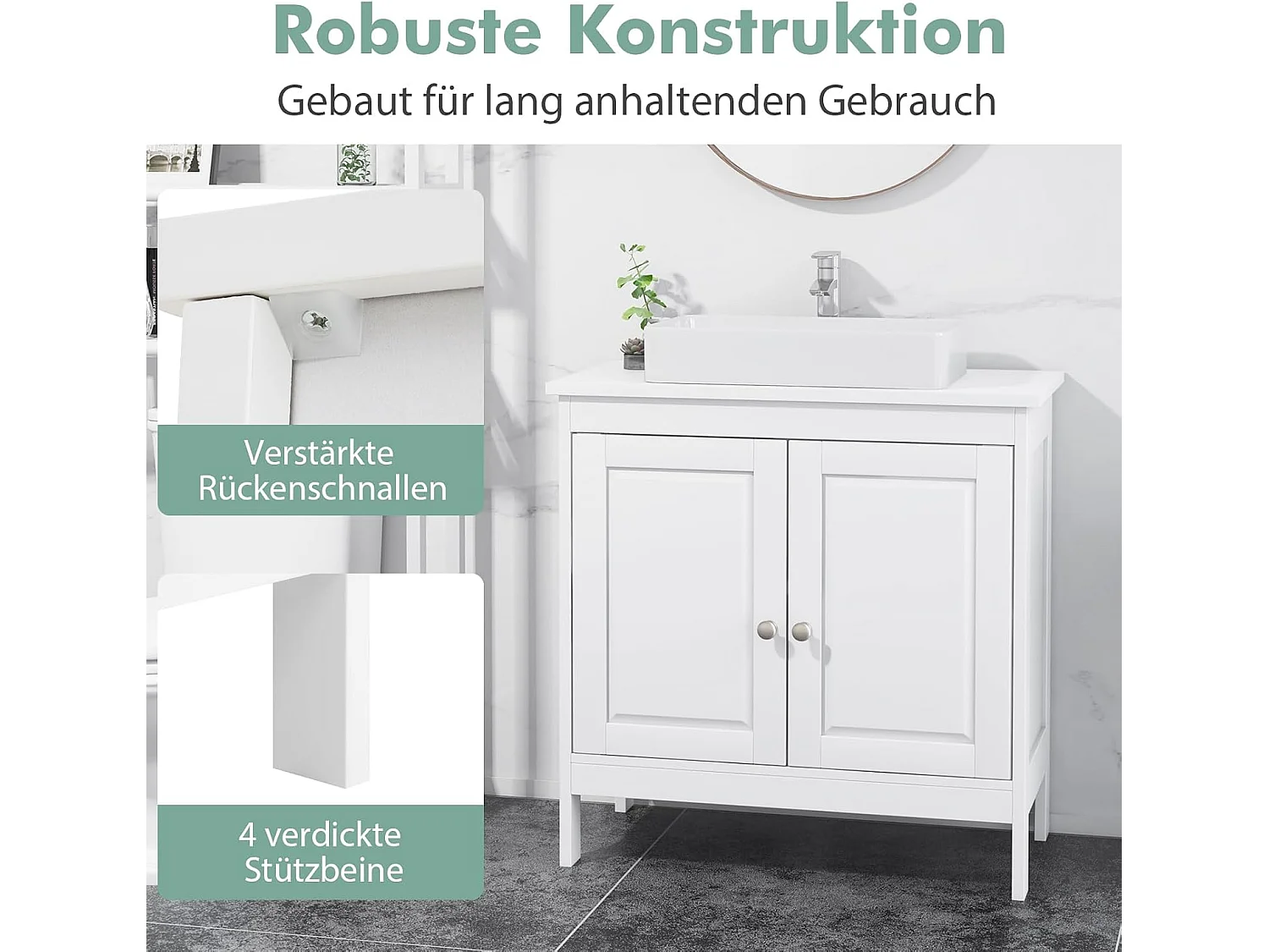 Wastafelonderkast, badkamerkast met 2 deuren en verstelbare plank, badkameronderkast in landelijke stijl, wastafelonderkast wit, 60 x 30 x 62 cmVH33918