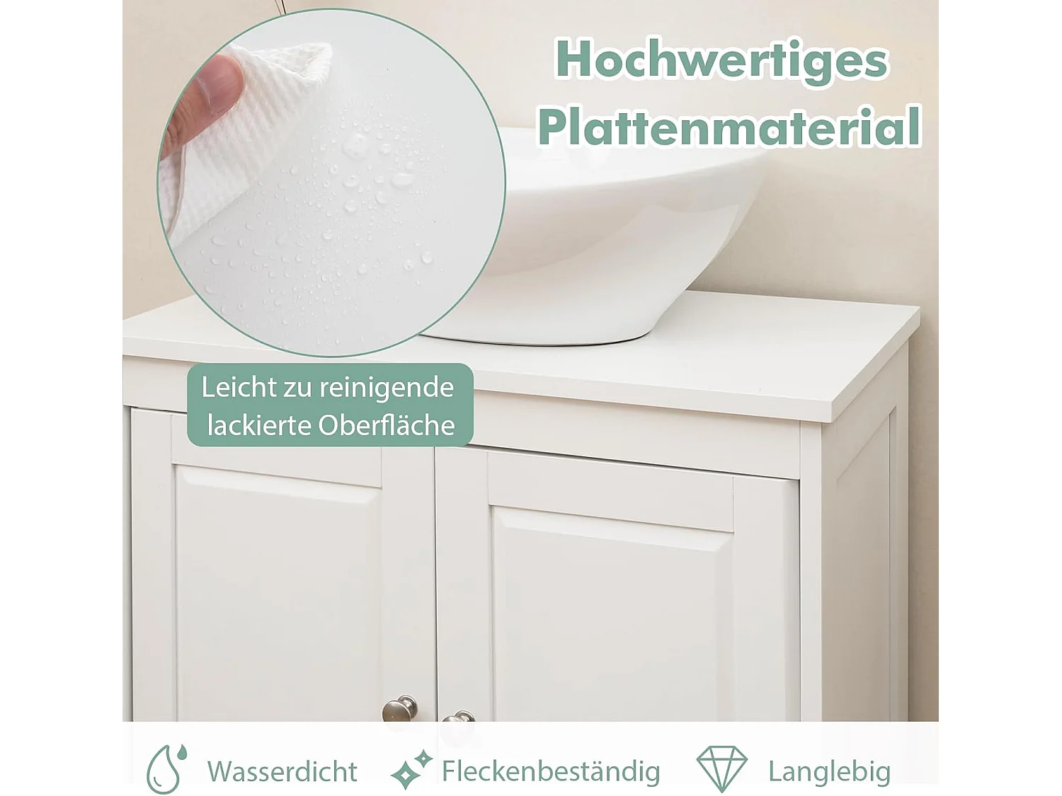 Wastafelonderkast, badkamerkast met 2 deuren en verstelbare plank, badkameronderkast in landelijke stijl, wastafelonderkast wit, 60 x 30 x 62 cmVH33918