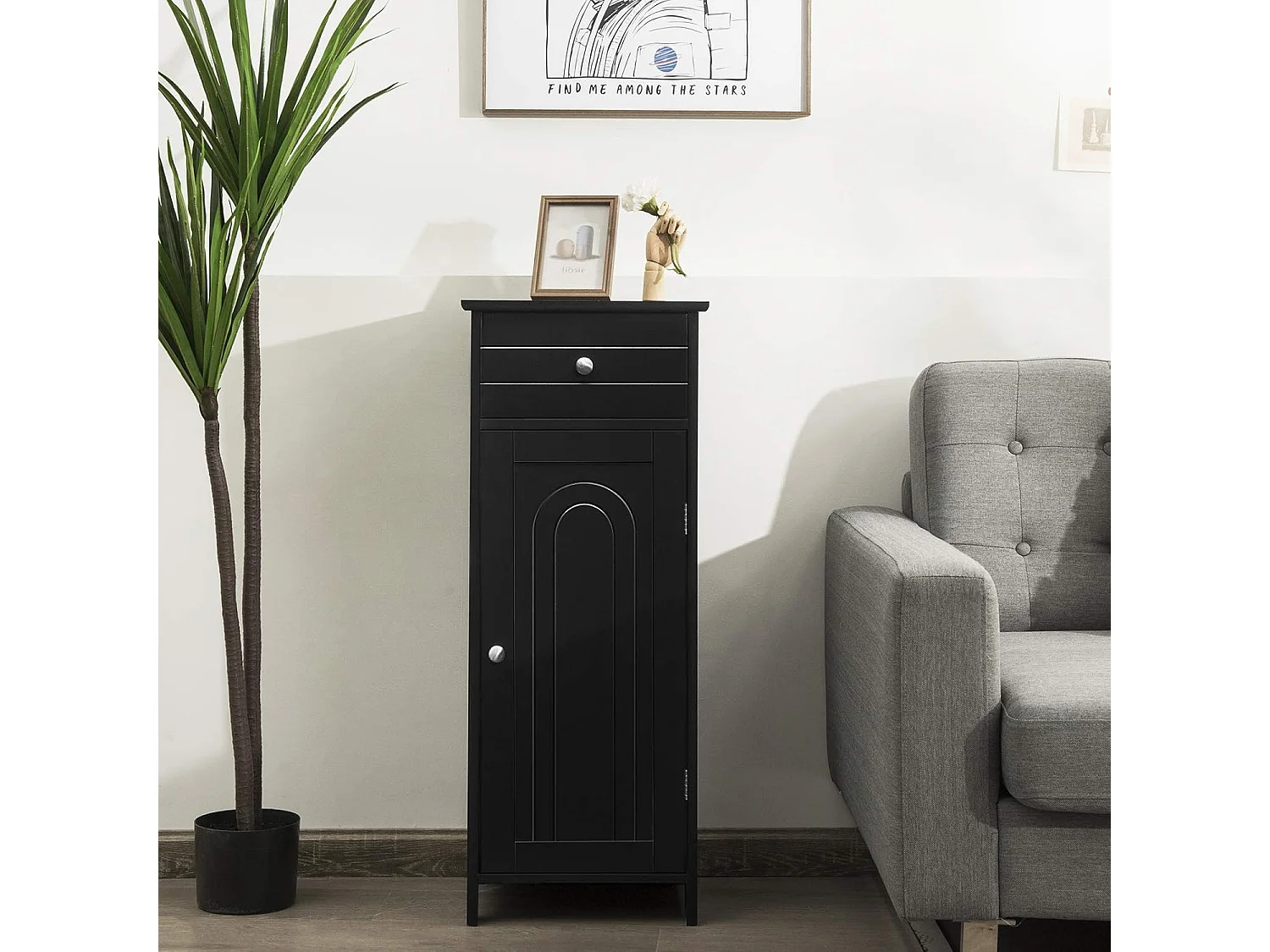 Badkamerkast, badkamerkast, vrijstaande kast met lade en 2 verstelbare planken, badkamer,badcommode，commode van hout voor slaapkamer en woonkamer (zwart)TI88594