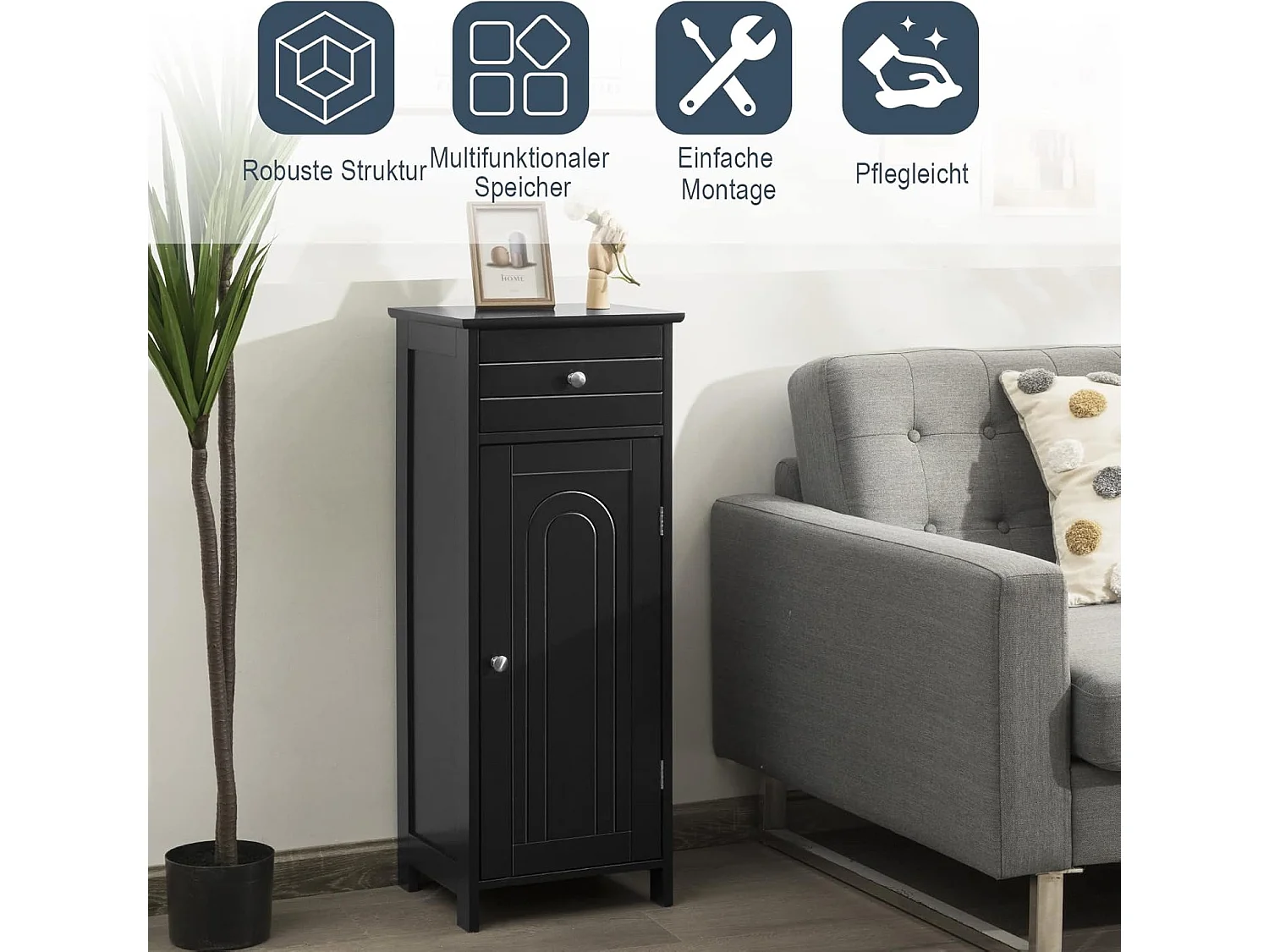 Badkamerkast, badkamerkast, vrijstaande kast met lade en 2 verstelbare planken, badkamer,badcommode，commode van hout voor slaapkamer en woonkamer (zwart)TI88594