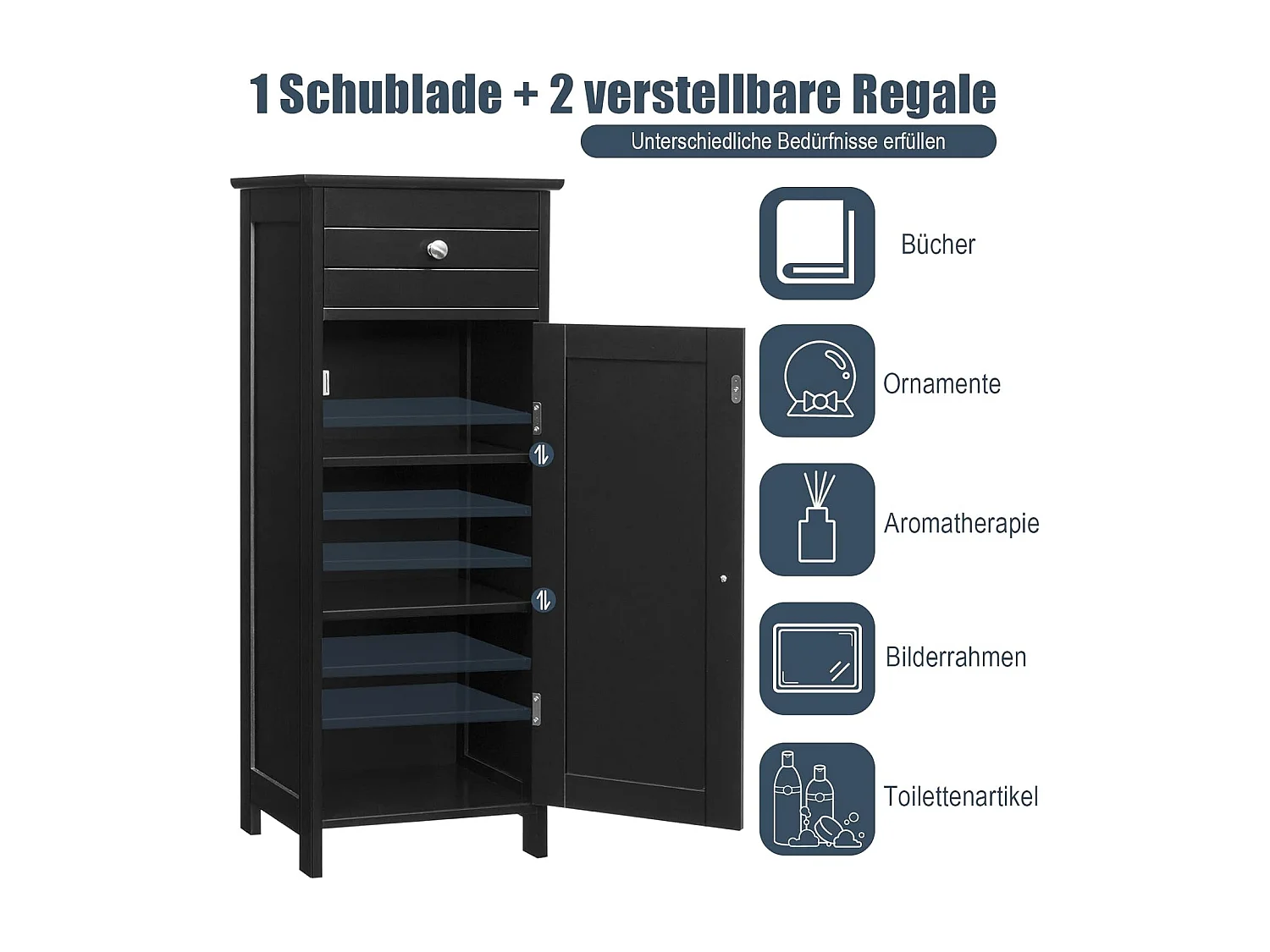 Badkamerkast, badkamerkast, vrijstaande kast met lade en 2 verstelbare planken, badkamer,badcommode，commode van hout voor slaapkamer en woonkamer (zwart)TI88594