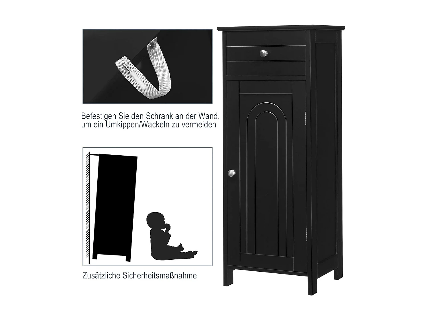 Badkamerkast, badkamerkast, vrijstaande kast met lade en 2 verstelbare planken, badkamer,badcommode，commode van hout voor slaapkamer en woonkamer (zwart)TI88594