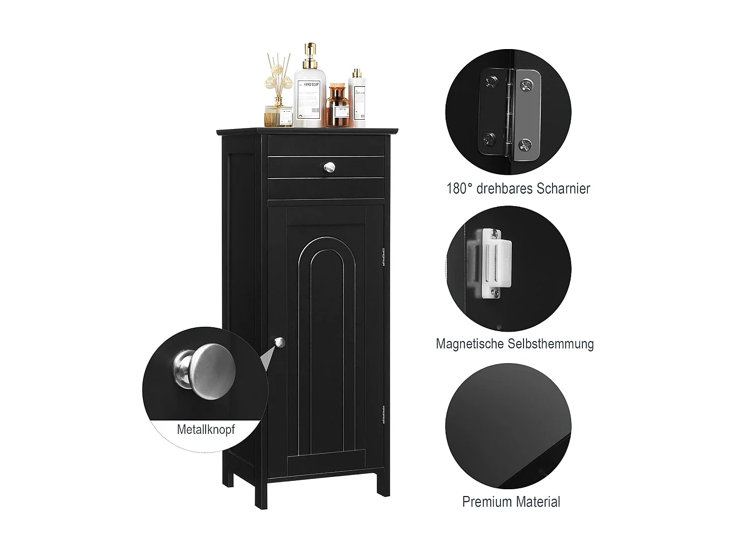 Badkamerkast, badkamerkast, vrijstaande kast met lade en 2 verstelbare planken, badkamer,badcommode，commode van hout voor slaapkamer en woonkamer (zwart)TI88594