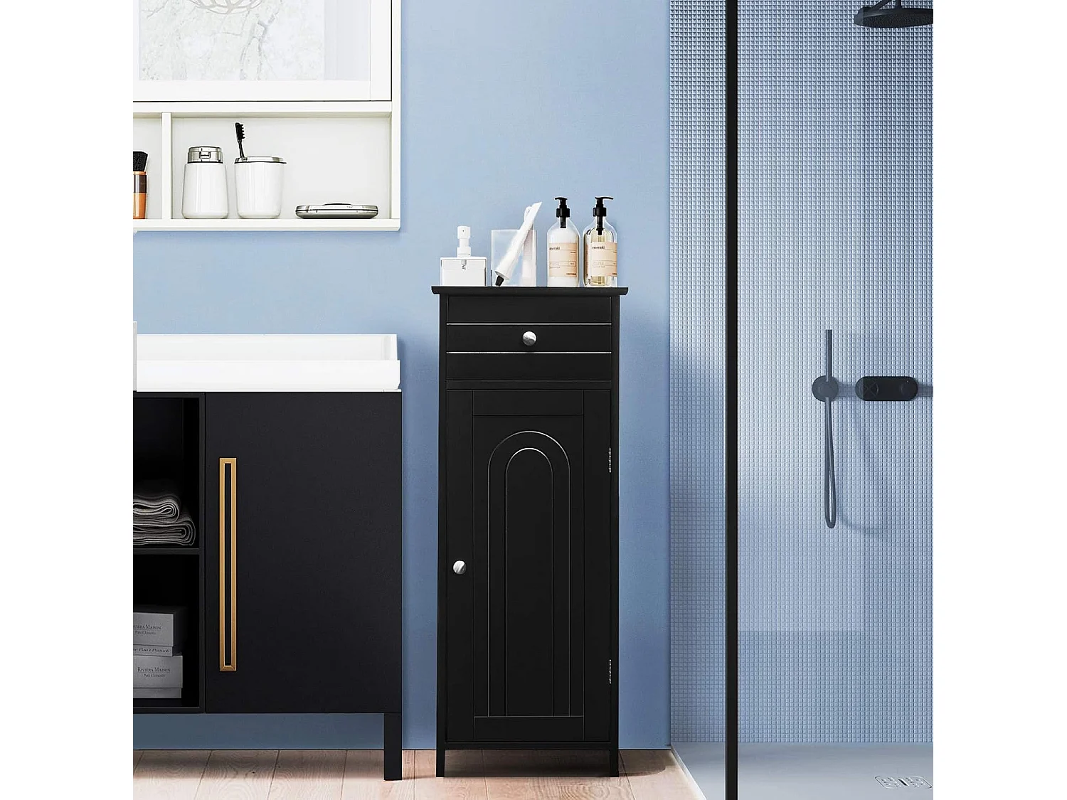 Badkamerkast, badkamerkast, vrijstaande kast met lade en 2 verstelbare planken, badkamer,badcommode，commode van hout voor slaapkamer en woonkamer (zwart)TI88594