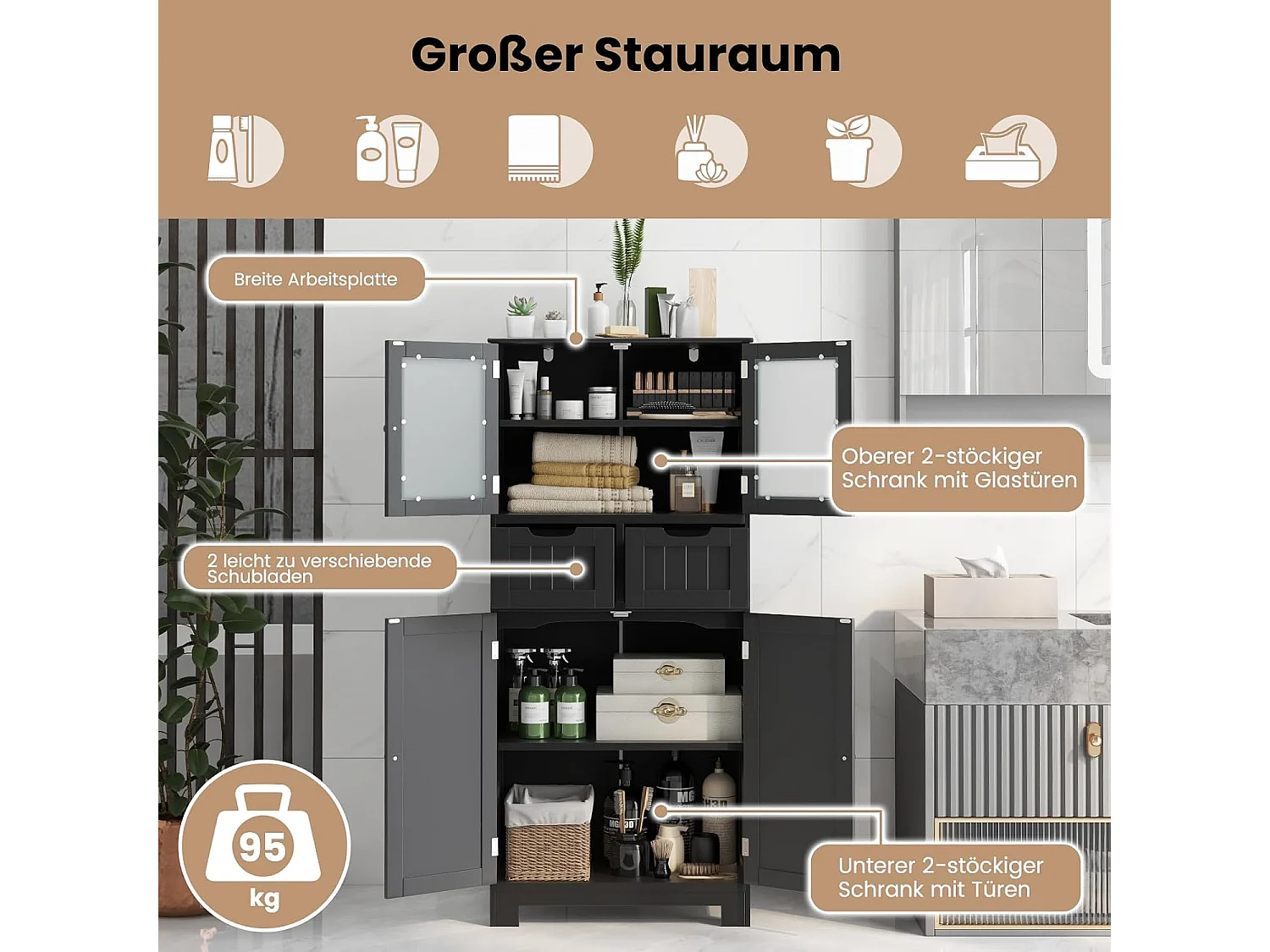 Badkamermeubel met 2 lades en 4 deuren, badkamermeubel met verstelbare planken, badkamerdressoir opbergmeubel voor badkamer, keuken, woonkamer (zwart)VH34458