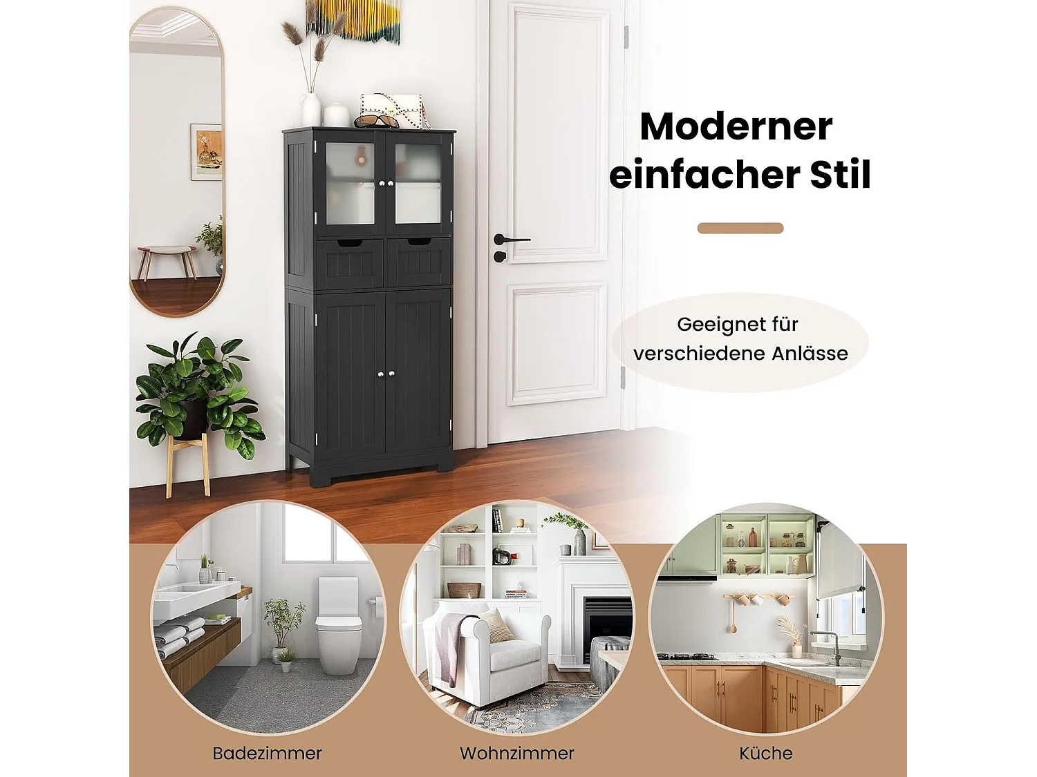 Badkamermeubel met 2 lades en 4 deuren, badkamermeubel met verstelbare planken, badkamerdressoir opbergmeubel voor badkamer, keuken, woonkamer (zwart)VH34458