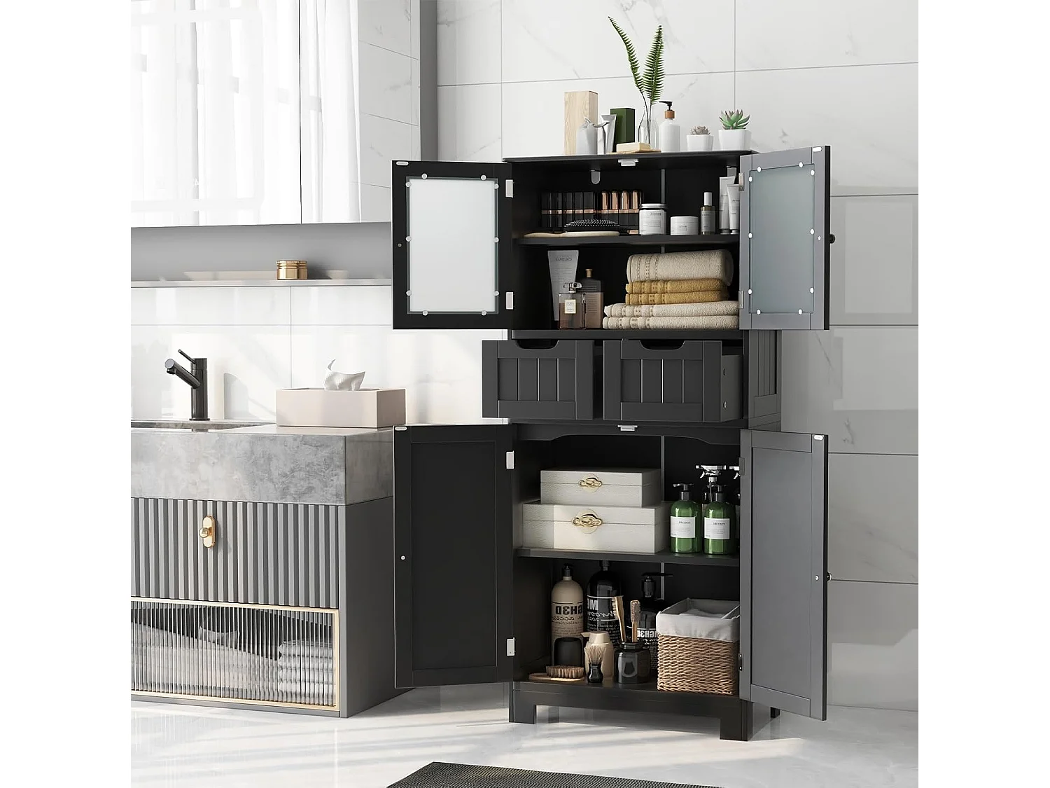 Badkamermeubel met 2 lades en 4 deuren, badkamermeubel met verstelbare planken, badkamerdressoir opbergmeubel voor badkamer, keuken, woonkamer (zwart)VH34458