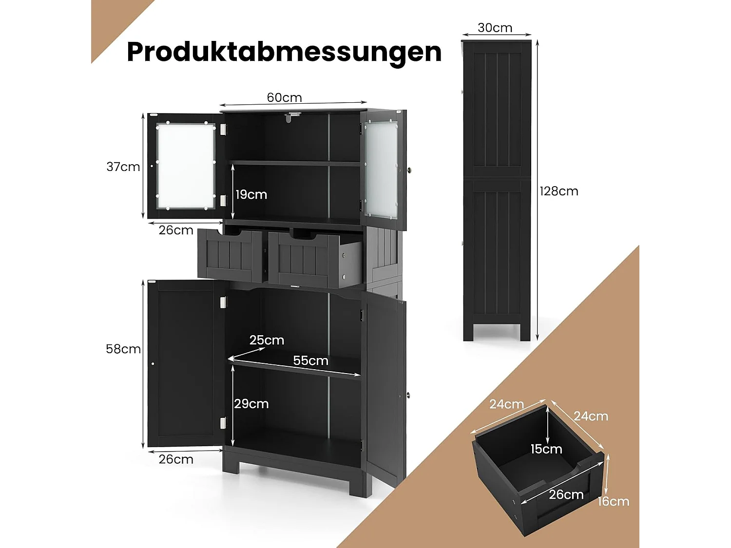 Badkamermeubel met 2 lades en 4 deuren, badkamermeubel met verstelbare planken, badkamerdressoir opbergmeubel voor badkamer, keuken, woonkamer (zwart)VH34458