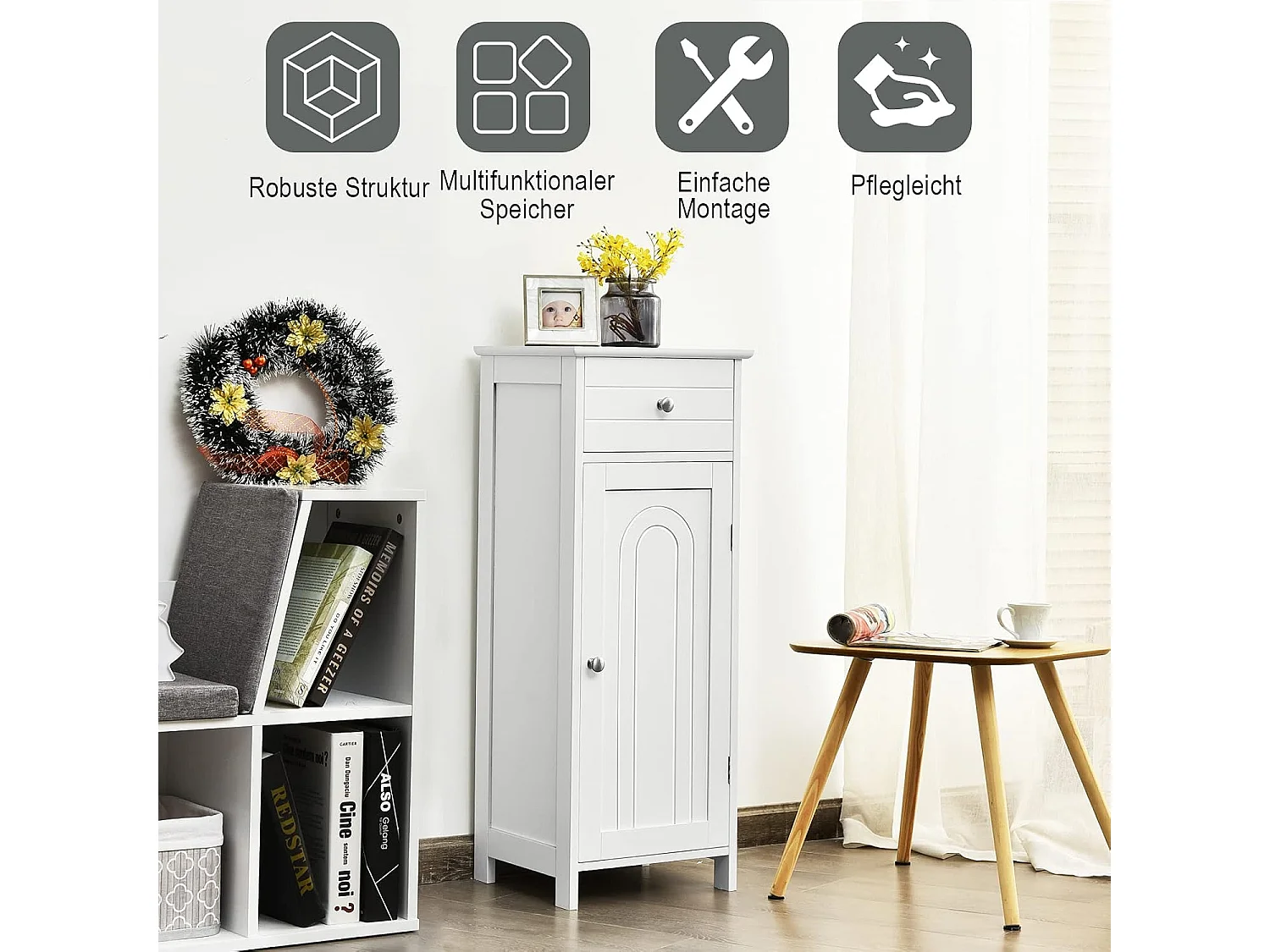 Smal, vrijstaande badkamerkast met lade en verstelbare planken, bijzetkast van hout voor slaapkamer en woonkamer, 35 x 30 x 88 cm (wit)TI88594