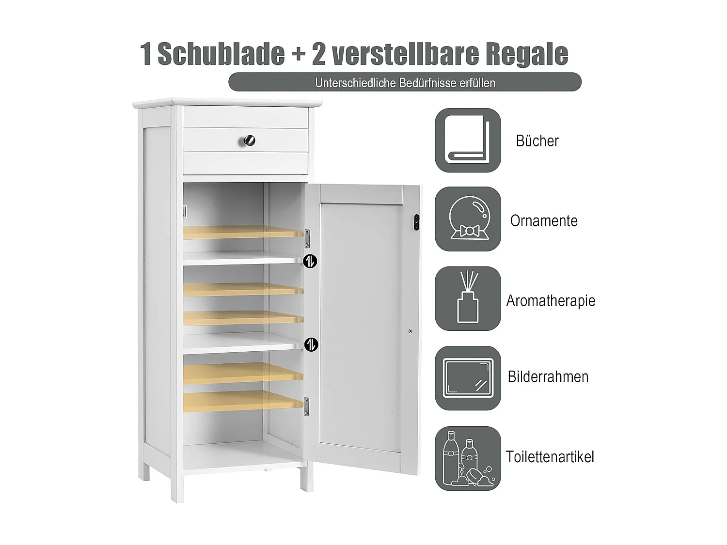 Smal, vrijstaande badkamerkast met lade en verstelbare planken, bijzetkast van hout voor slaapkamer en woonkamer, 35 x 30 x 88 cm (wit)TI88594