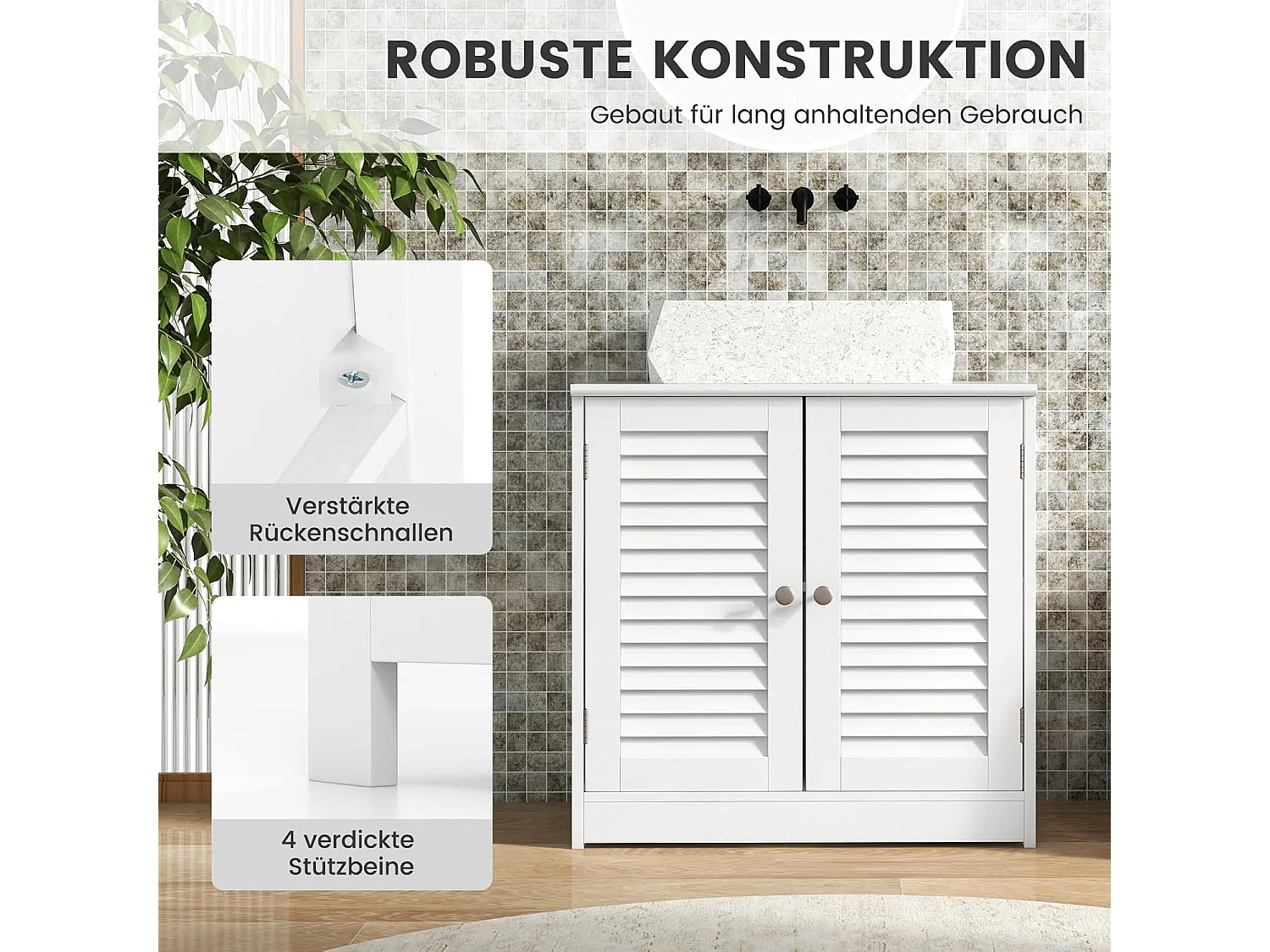 Wastafelonderkast, badkamerkast met 2 deuren en verstelbare plank, badkameronderkast in landelijke stijl, wastafelonderkast wit, 60 x 30 x 60 cmVH33915