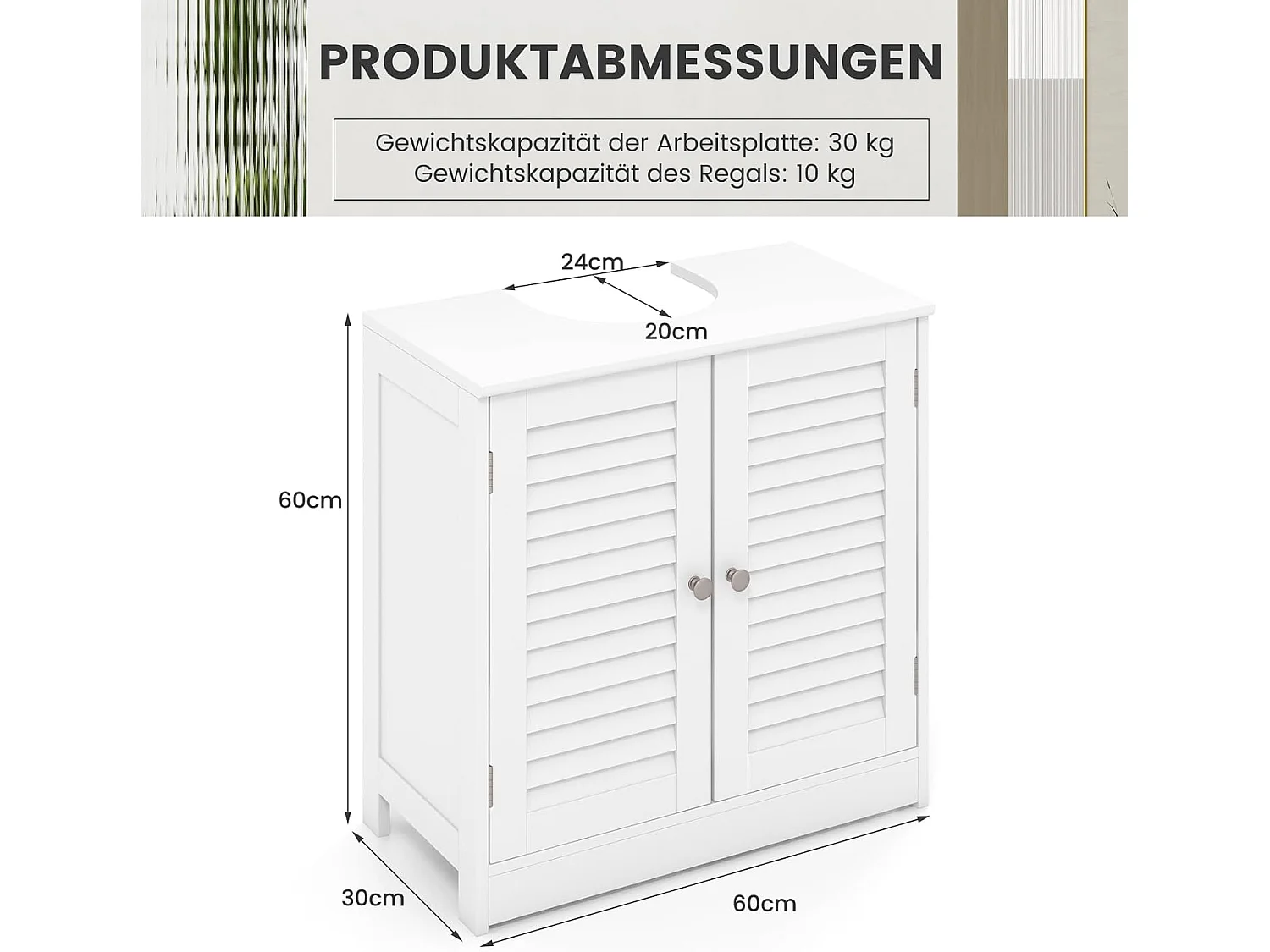Wastafelonderkast, badkamerkast met 2 deuren en verstelbare plank, badkameronderkast in landelijke stijl, wastafelonderkast wit, 60 x 30 x 60 cmVH33915