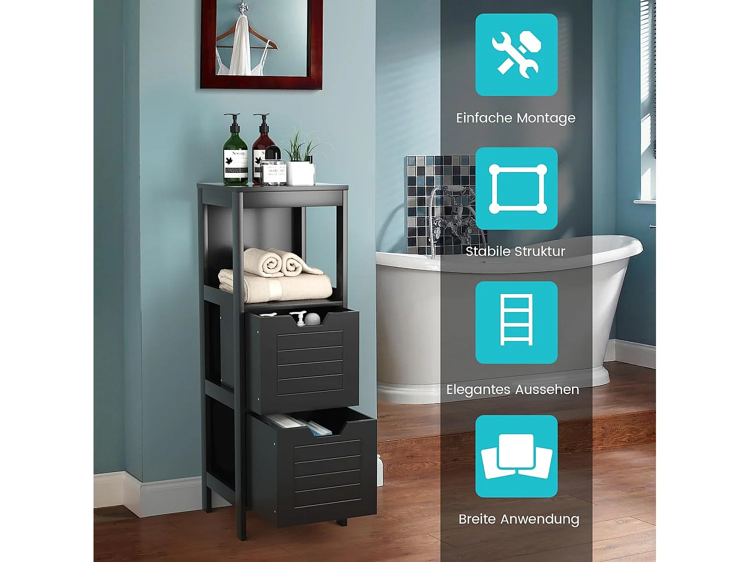 Badcommode met 2 laden, badkamerkast, houten badkamerkast voor woonkamer, badkamer, zwart, 30 x 30 x 89 cmTI83013