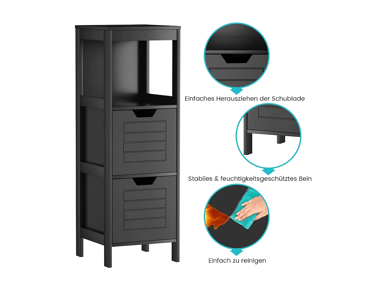 Badcommode met 2 laden, badkamerkast, houten badkamerkast voor woonkamer, badkamer, zwart, 30 x 30 x 89 cmTI83013