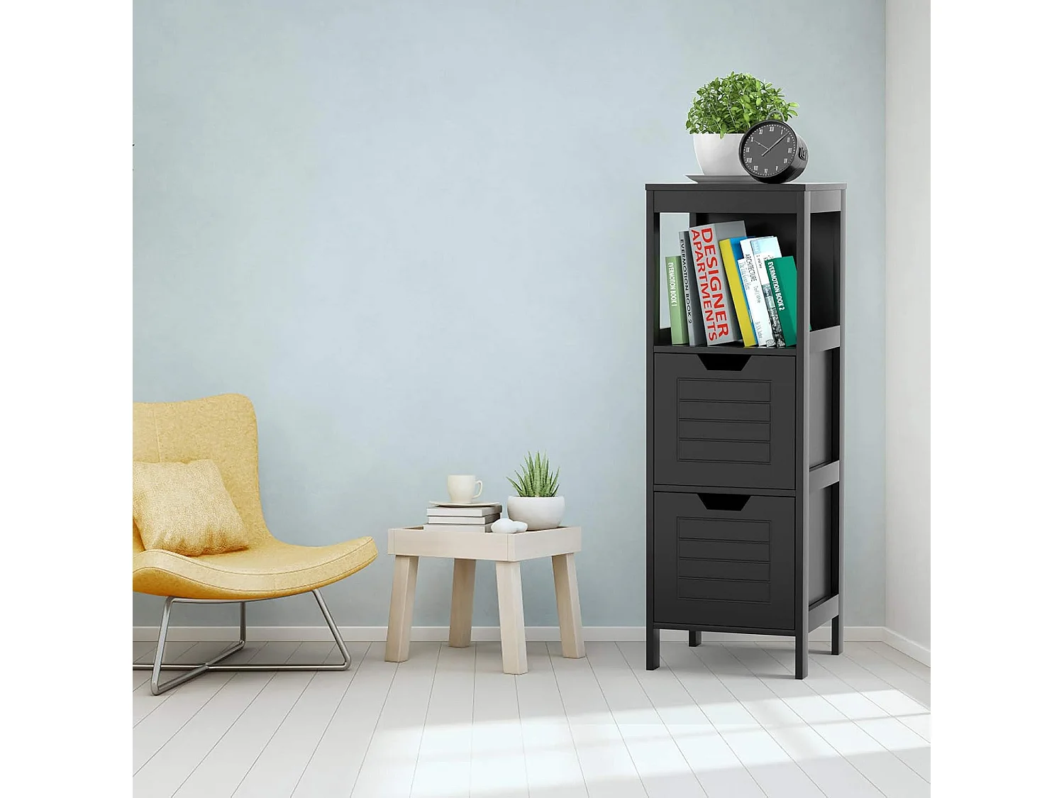 Badcommode met 2 laden, badkamerkast, houten badkamerkast voor woonkamer, badkamer, zwart, 30 x 30 x 89 cmTI83013