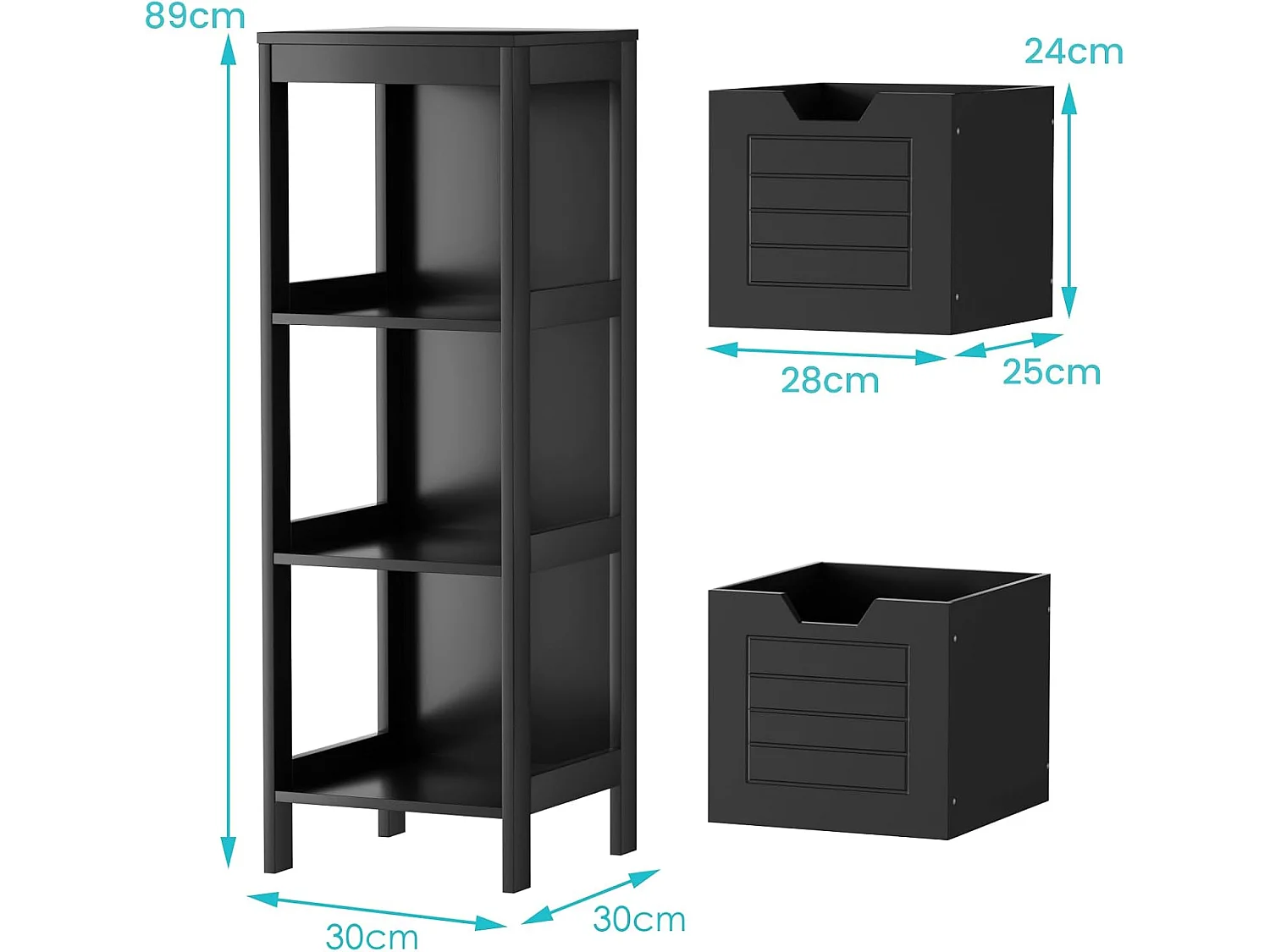 Badcommode met 2 laden, badkamerkast, houten badkamerkast voor woonkamer, badkamer, zwart, 30 x 30 x 89 cmTI83013