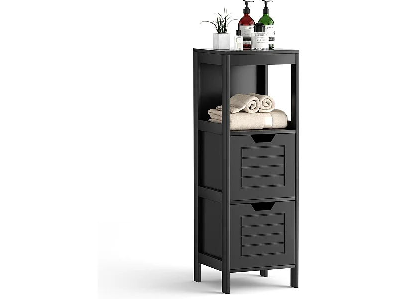 Badcommode met 2 laden, badkamerkast, houten badkamerkast voor woonkamer, badkamer, zwart, 30 x 30 x 89 cmTI83013