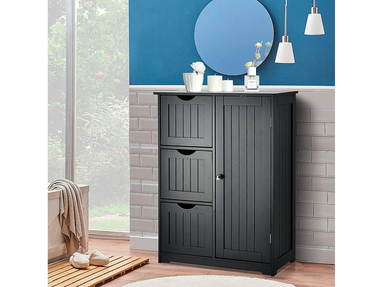 Badkamerkast, badkamerkast van hout met 3 laden en 1 deur, onderkast met 3 standen, verstelbare plank, opbergkast voor woonkamer,60 x 30 x 81 cm (zwart)TI88458