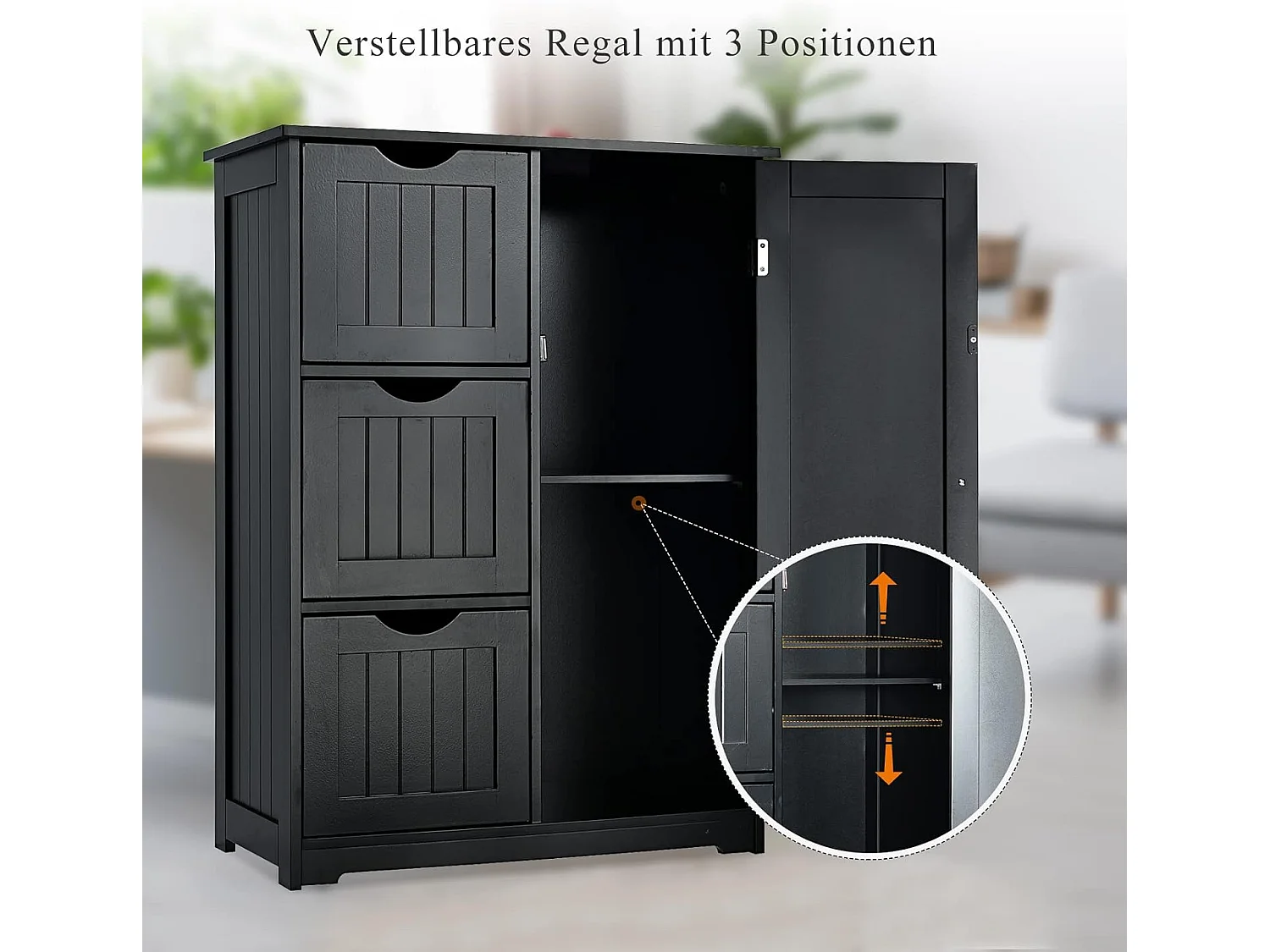 Badkamerkast, badkamerkast van hout met 3 laden en 1 deur, onderkast met 3 standen, verstelbare plank, opbergkast voor woonkamer,60 x 30 x 81 cm (zwart)TI88458