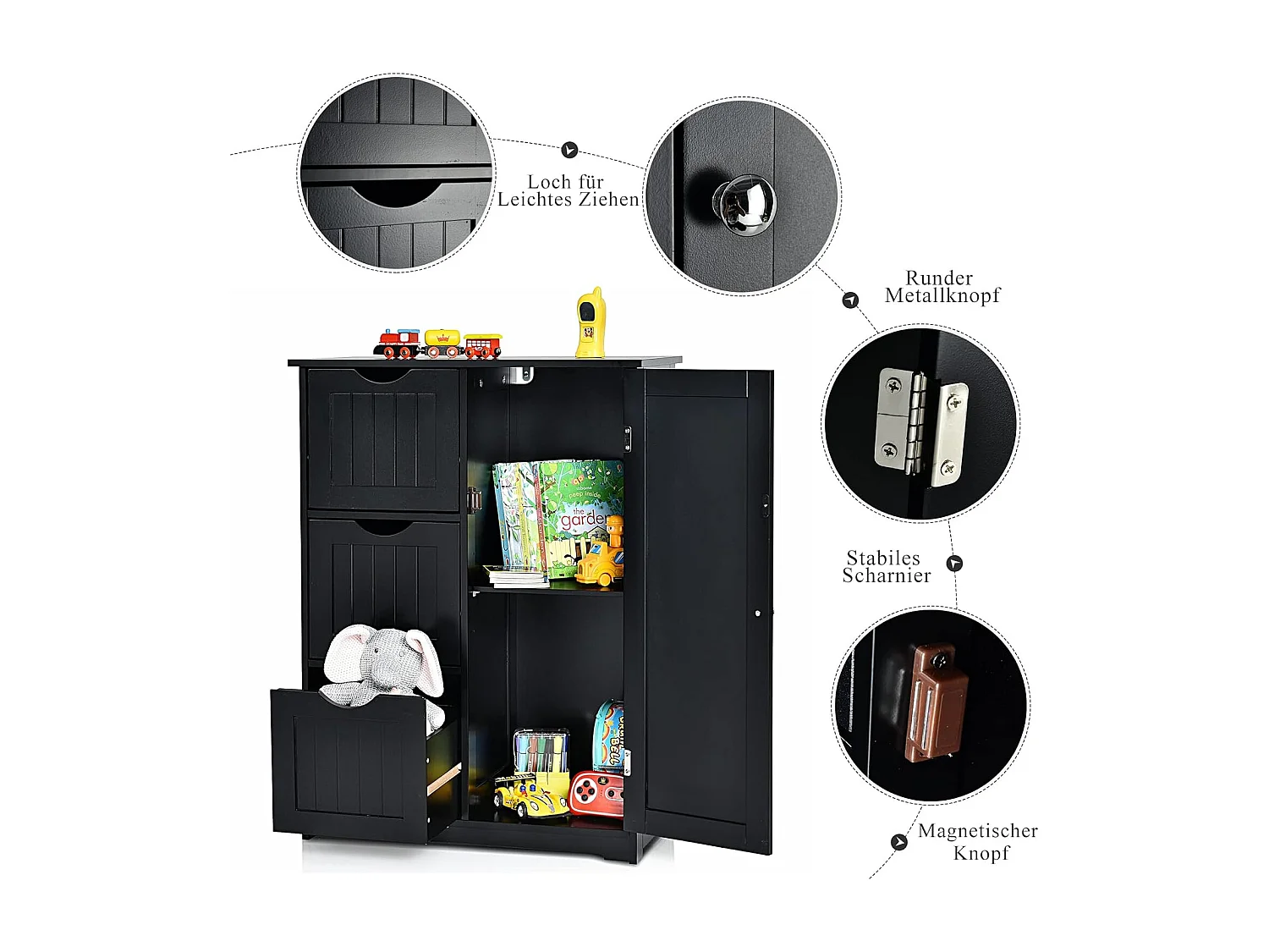 Badkamerkast, badkamerkast van hout met 3 laden en 1 deur, onderkast met 3 standen, verstelbare plank, opbergkast voor woonkamer,60 x 30 x 81 cm (zwart)TI88458