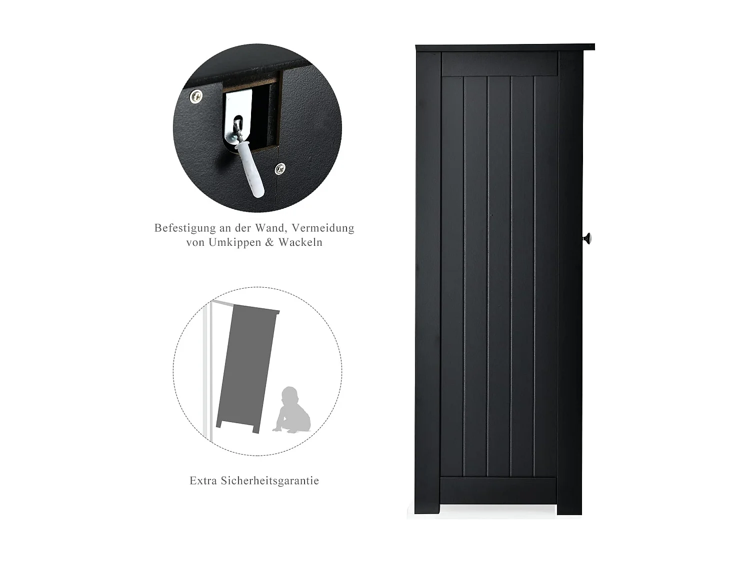 Badkamerkast, badkamerkast van hout met 3 laden en 1 deur, onderkast met 3 standen, verstelbare plank, opbergkast voor woonkamer,60 x 30 x 81 cm (zwart)TI88458