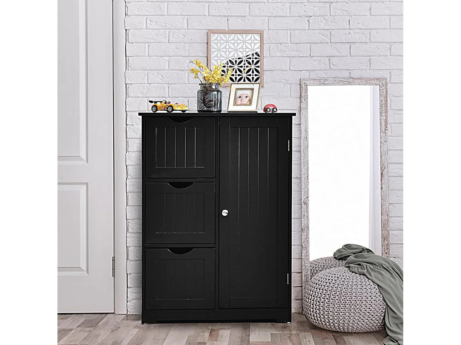 Badkamerkast, badkamerkast van hout met 3 laden en 1 deur, onderkast met 3 standen, verstelbare plank, opbergkast voor woonkamer,60 x 30 x 81 cm (zwart)TI88458