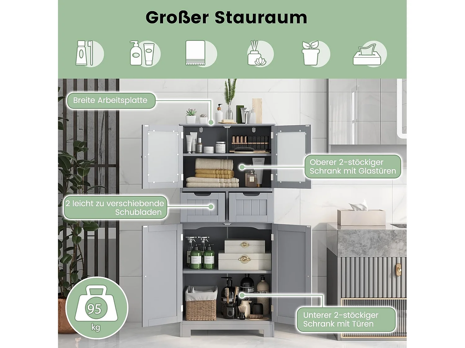 Badkamerkast met 2 laden en 4 deuren, badkamerkast met verstelbare planken, opbergkast voor badkamer, keuken, woonkamer (grijs)VH34458