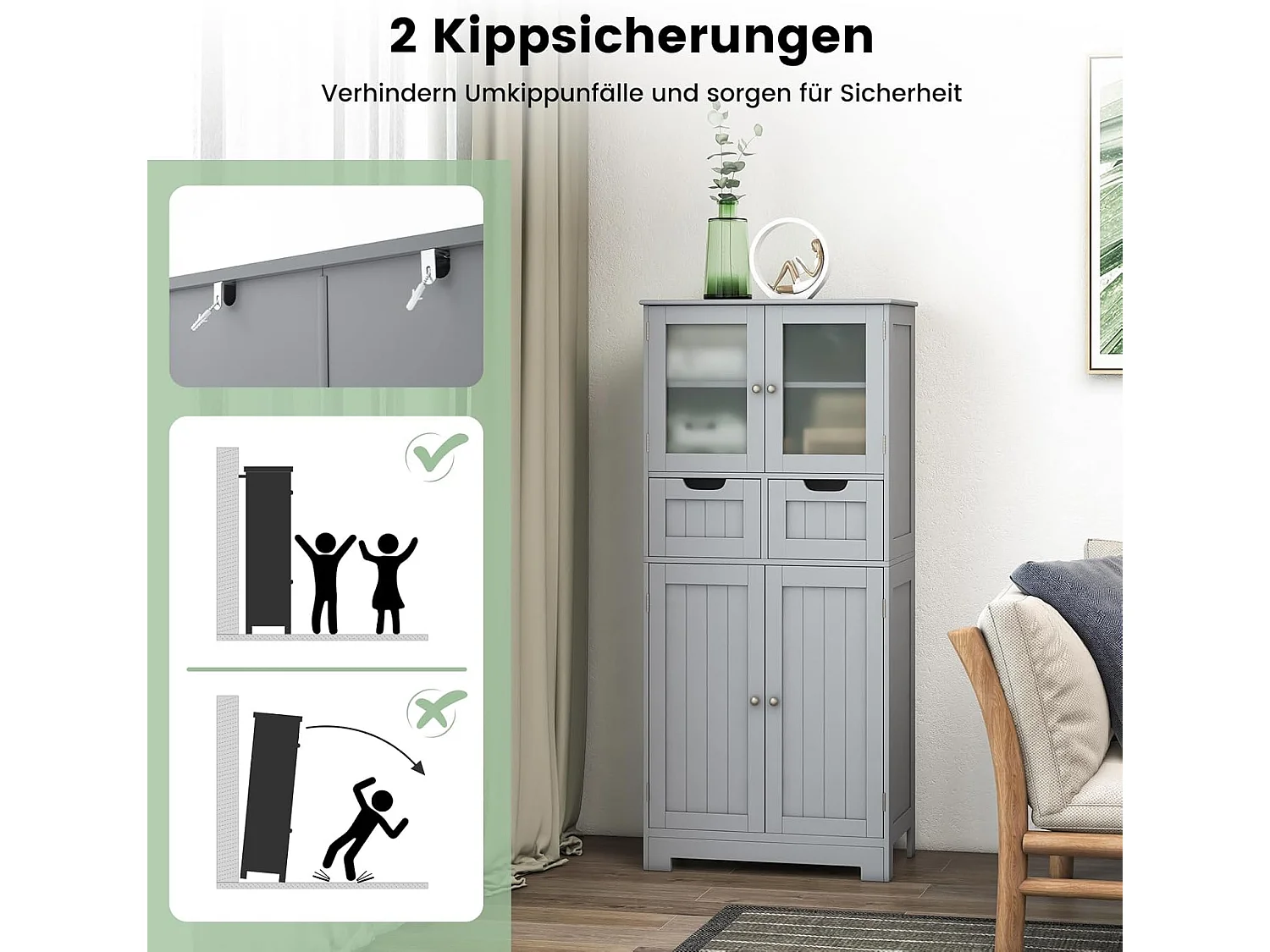 Badkamerkast met 2 laden en 4 deuren, badkamerkast met verstelbare planken, opbergkast voor badkamer, keuken, woonkamer (grijs)VH34458