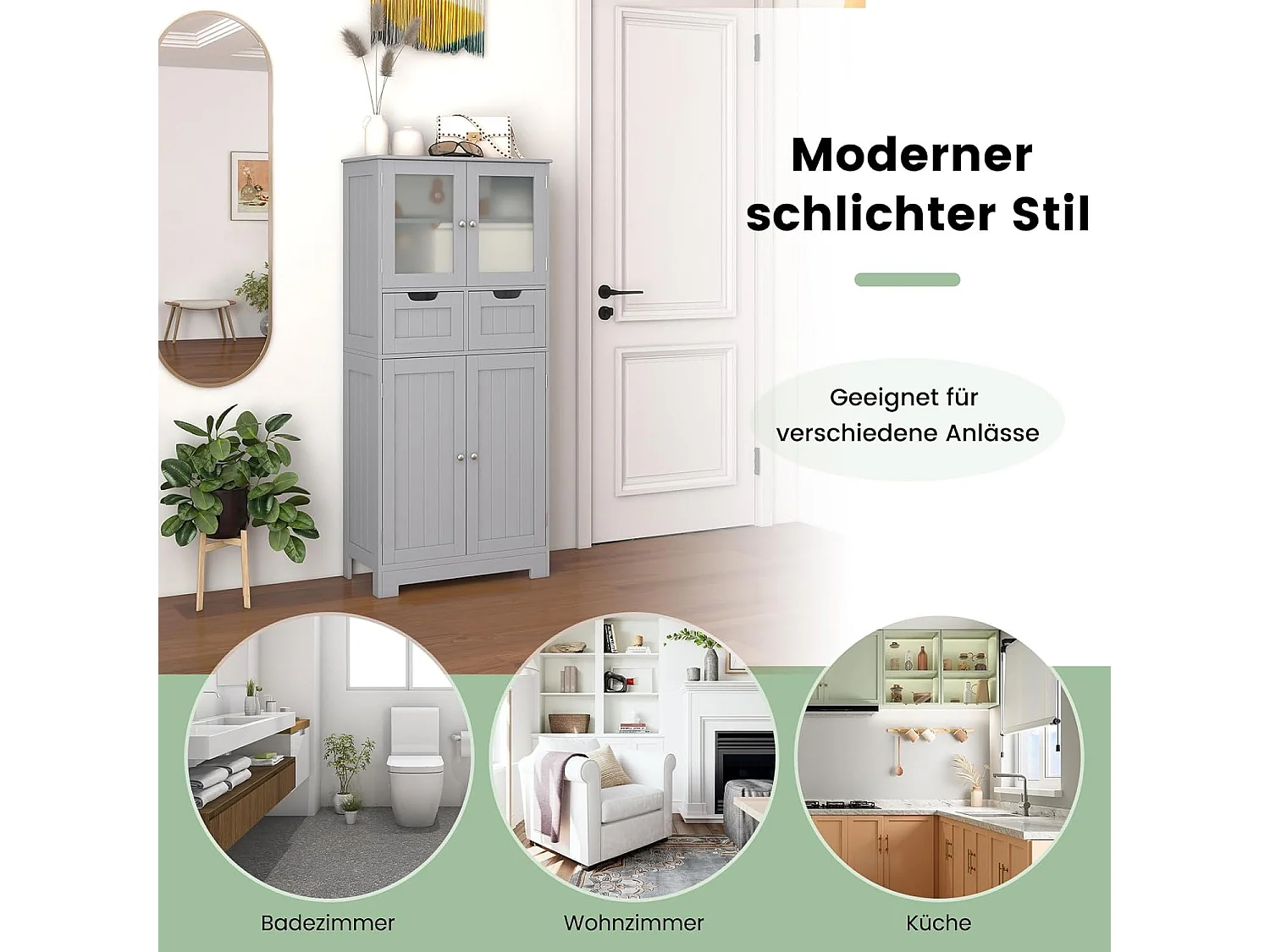 Badkamerkast met 2 laden en 4 deuren, badkamerkast met verstelbare planken, opbergkast voor badkamer, keuken, woonkamer (grijs)VH34458