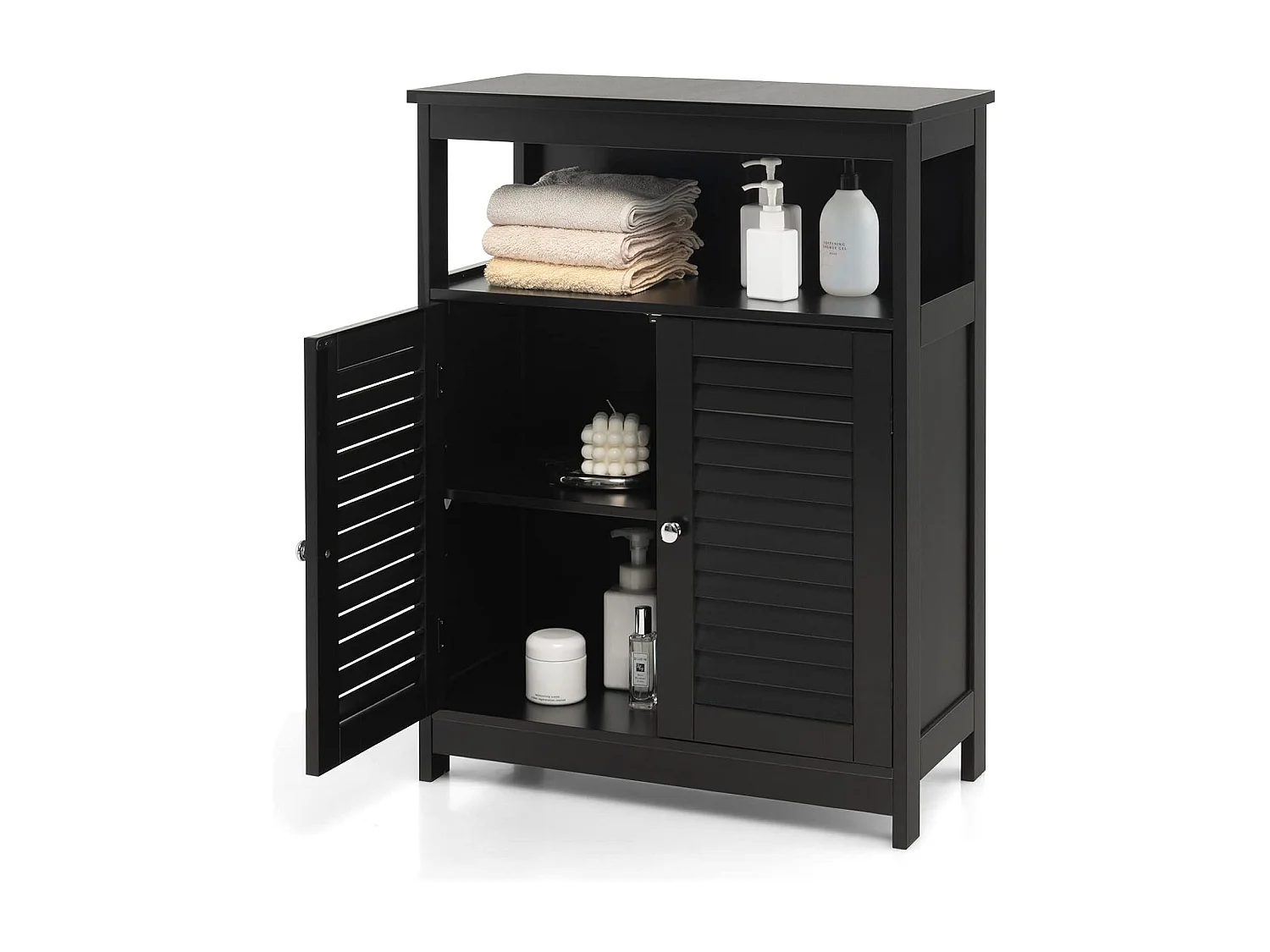 Badkamerkast, vrijstaande badkamerkast, opbergkast met 2 rolluikdeuren, keukenkast, badkamercommode van hout voor badkamer, keuken, woonkamer (zwart)TI87069