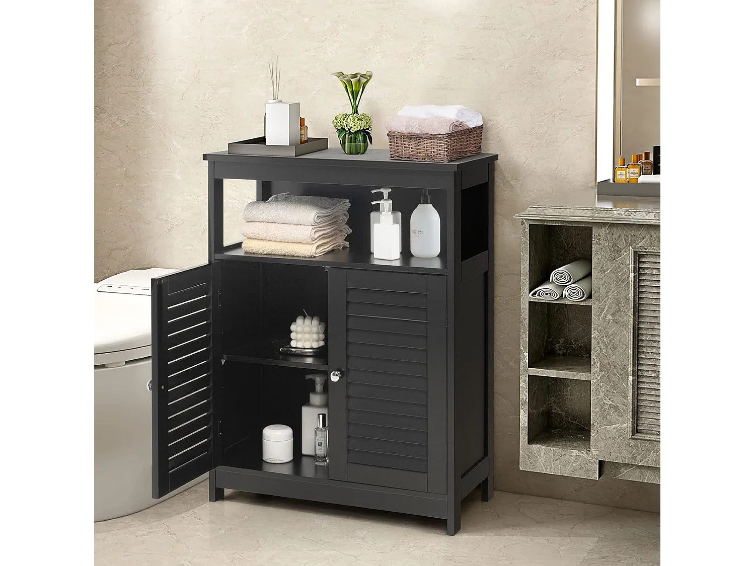 Badkamerkast, vrijstaande badkamerkast, opbergkast met 2 rolluikdeuren, keukenkast, badkamercommode van hout voor badkamer, keuken, woonkamer (zwart)TI87069