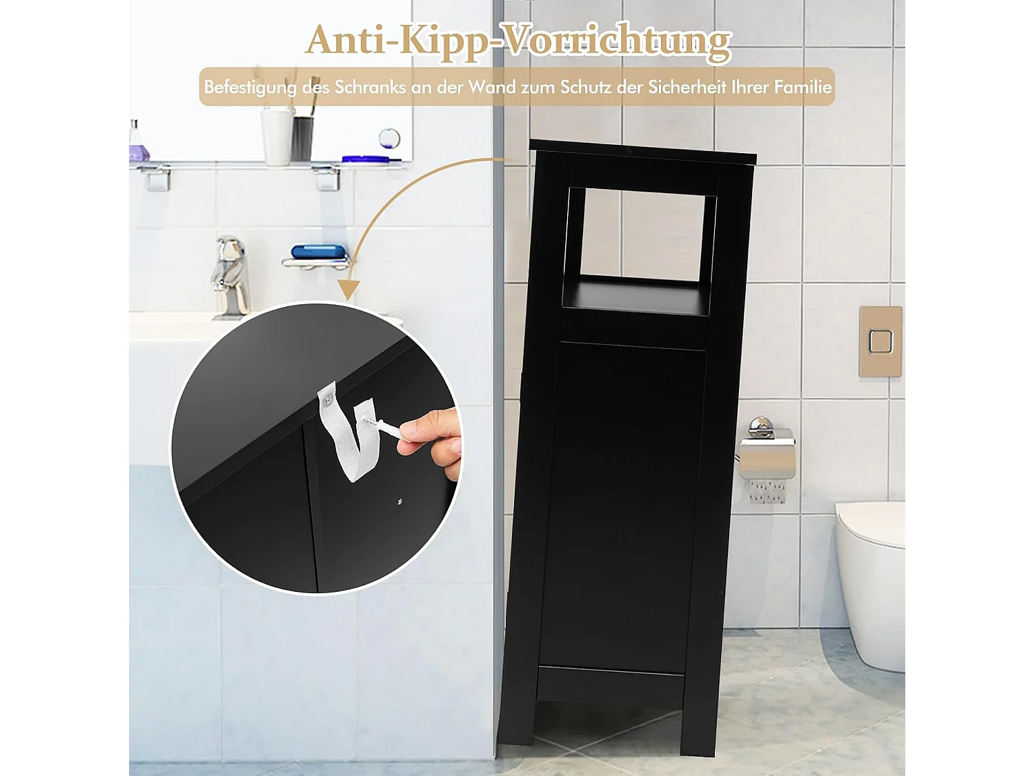 Badkamerkast, vrijstaande badkamerkast, opbergkast met 2 rolluikdeuren, keukenkast, badkamercommode van hout voor badkamer, keuken, woonkamer (zwart)TI87069