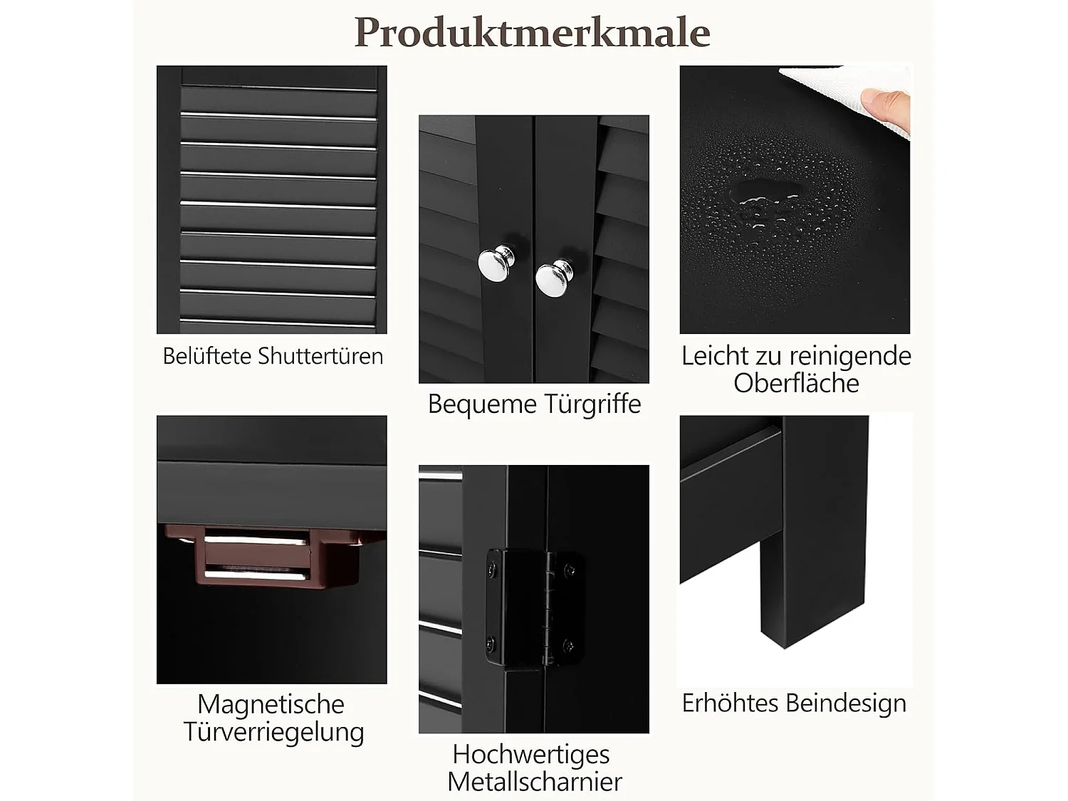 Badkamerkast, vrijstaande badkamerkast, opbergkast met 2 rolluikdeuren, keukenkast, badkamercommode van hout voor badkamer, keuken, woonkamer (zwart)TI87069