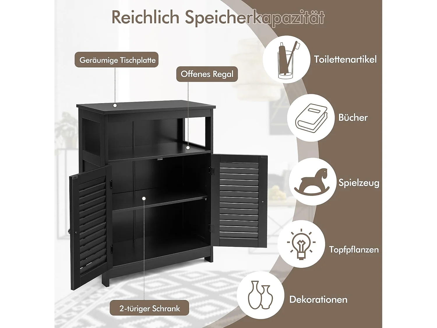 Badkamerkast, vrijstaande badkamerkast, opbergkast met 2 rolluikdeuren, keukenkast, badkamercommode van hout voor badkamer, keuken, woonkamer (zwart)TI87069