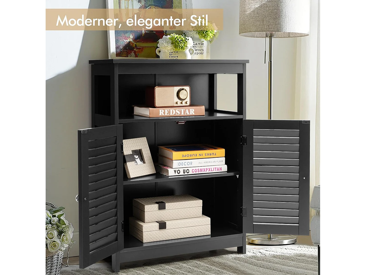 Badkamerkast, vrijstaande badkamerkast, opbergkast met 2 rolluikdeuren, keukenkast, badkamercommode van hout voor badkamer, keuken, woonkamer (zwart)TI87069