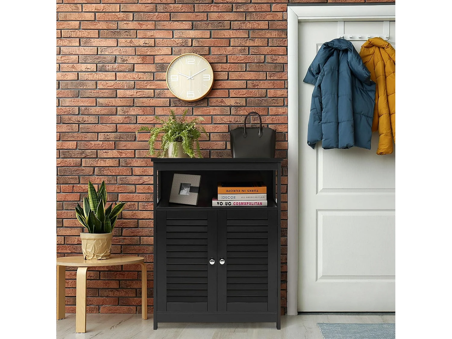 Badkamerkast, vrijstaande badkamerkast, opbergkast met 2 rolluikdeuren, keukenkast, badkamercommode van hout voor badkamer, keuken, woonkamer (zwart)TI87069