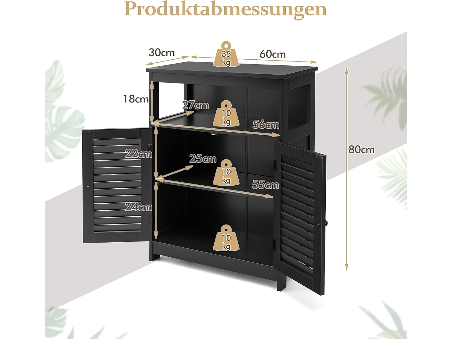 Badkamerkast, vrijstaande badkamerkast, opbergkast met 2 rolluikdeuren, keukenkast, badkamercommode van hout voor badkamer, keuken, woonkamer (zwart)TI87069