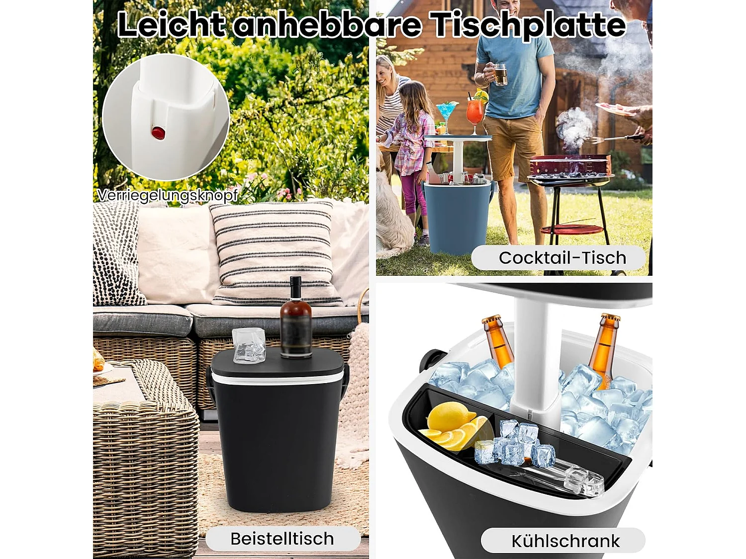 3-in-1 Cool Bar draagbaar, bijzettafel met optilbaar tafelblad, 15 l koelbox met flesopener, weerbestendige bierkoeler, voor terras, party, barbecuesZB33858