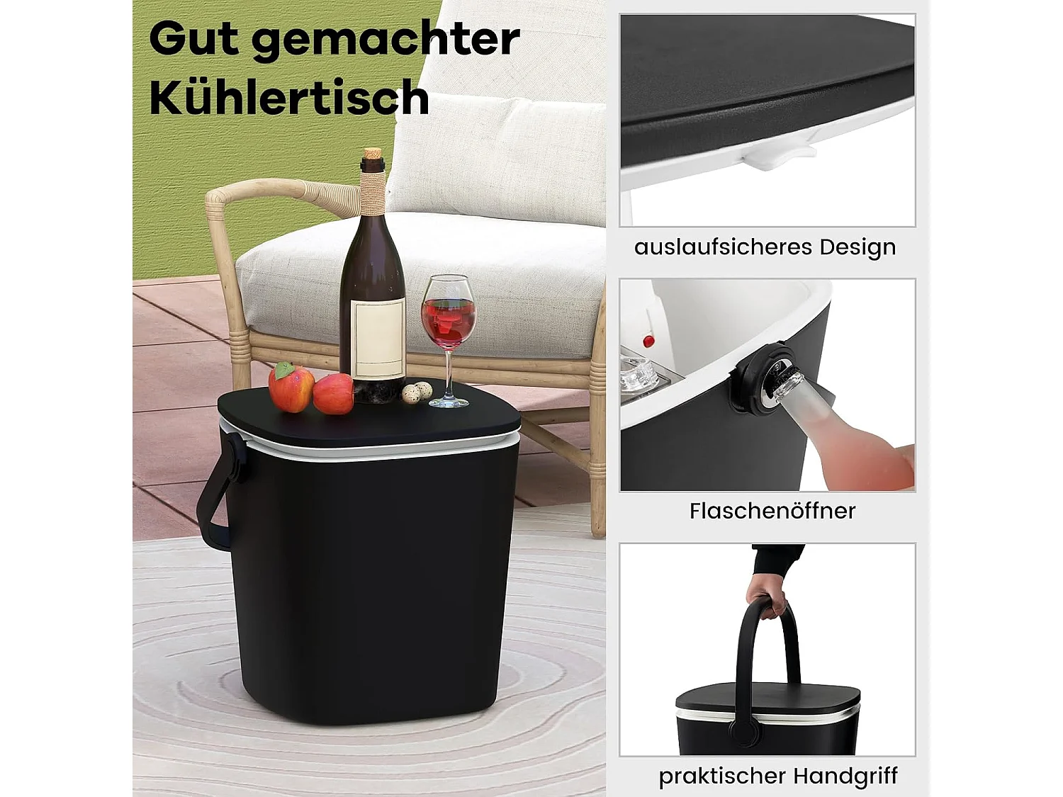 3-in-1 Cool Bar draagbaar, bijzettafel met optilbaar tafelblad, 15 l koelbox met flesopener, weerbestendige bierkoeler, voor terras, party, barbecuesZB33858