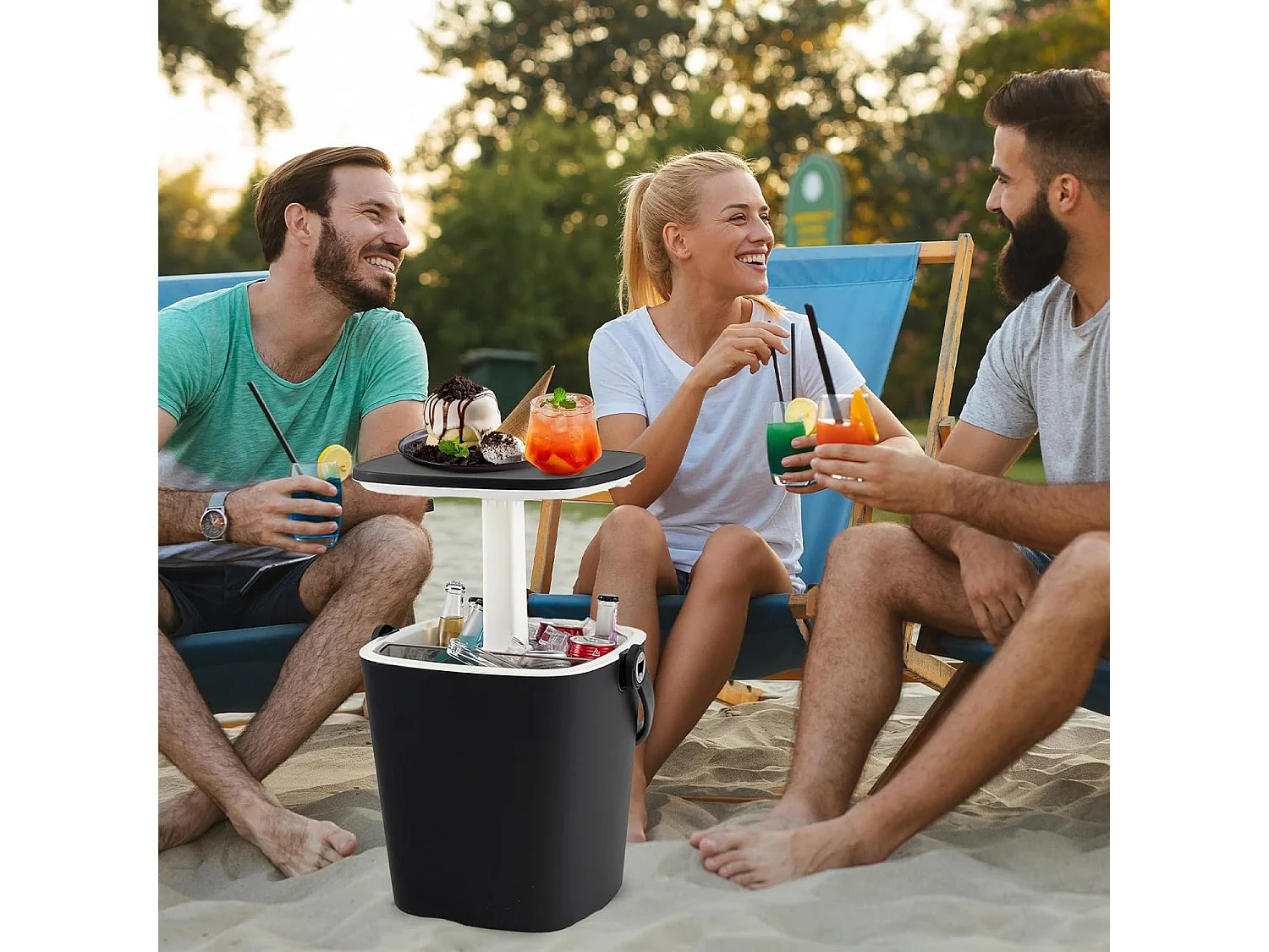 3-in-1 Cool Bar draagbaar, bijzettafel met optilbaar tafelblad, 15 l koelbox met flesopener, weerbestendige bierkoeler, voor terras, party, barbecuesZB33858