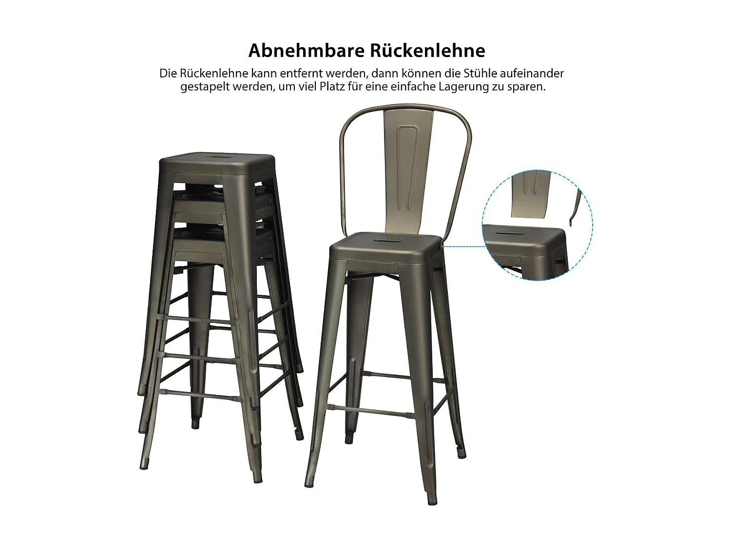 Set van 4 barkrukken,vintage stapelbaar,barkruk met afneembare rugleuning en voetkussens, bistrostoel, keukenkruk van metaal, tot 150 kg belastbaarTI88437