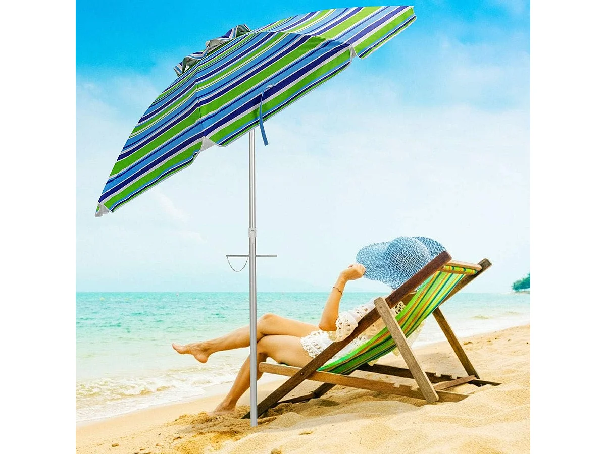 182cm strandparaplu met zandanker, Patio paraplu met drukknop kantel & UPF 50 + bescherming, draagbare parasol met draagtas voor tuin,buiten (Groen + blauw)ZB34460