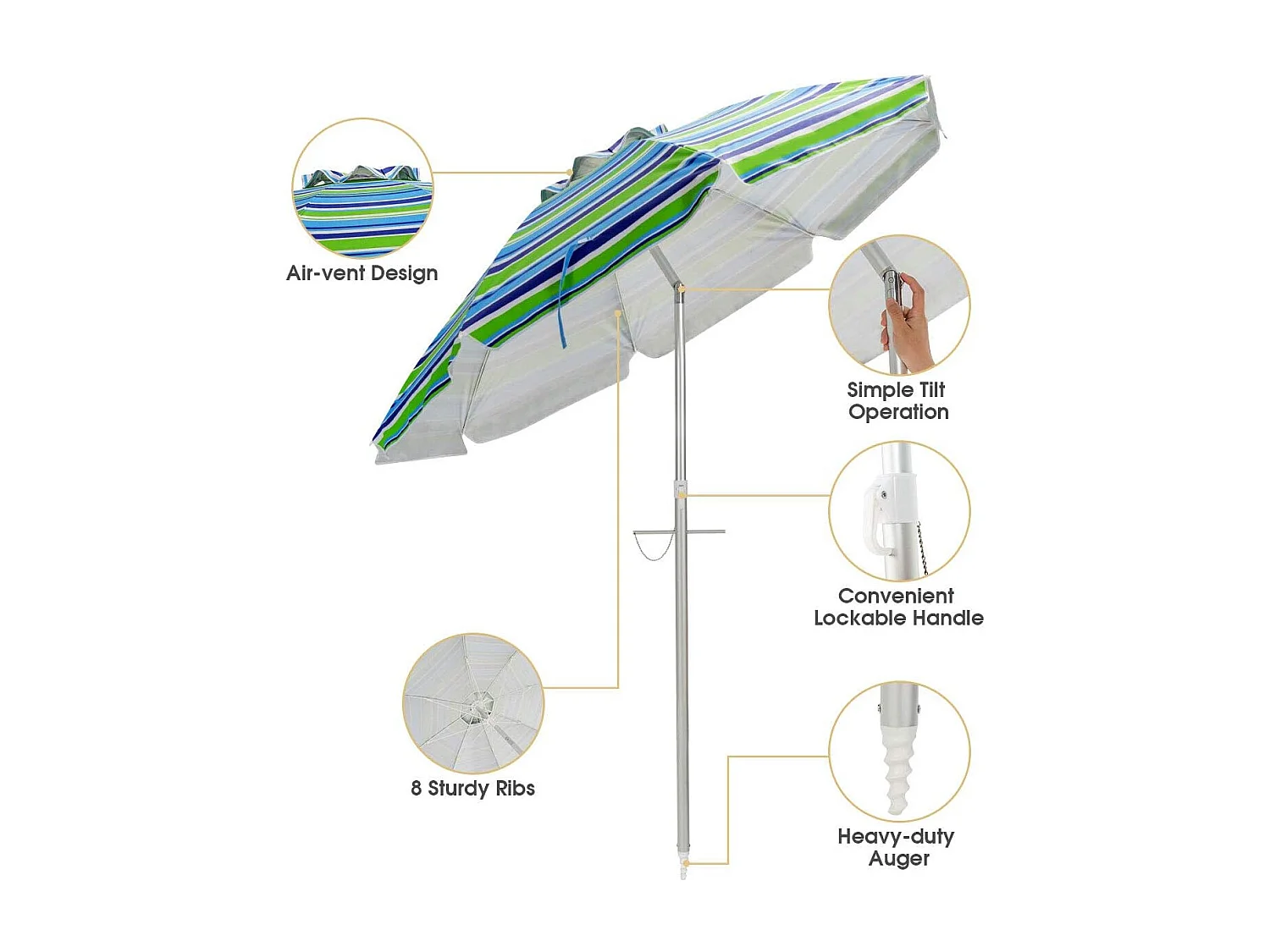 182cm strandparaplu met zandanker, Patio paraplu met drukknop kantel & UPF 50 + bescherming, draagbare parasol met draagtas voor tuin,buiten (Groen + blauw)ZB34460