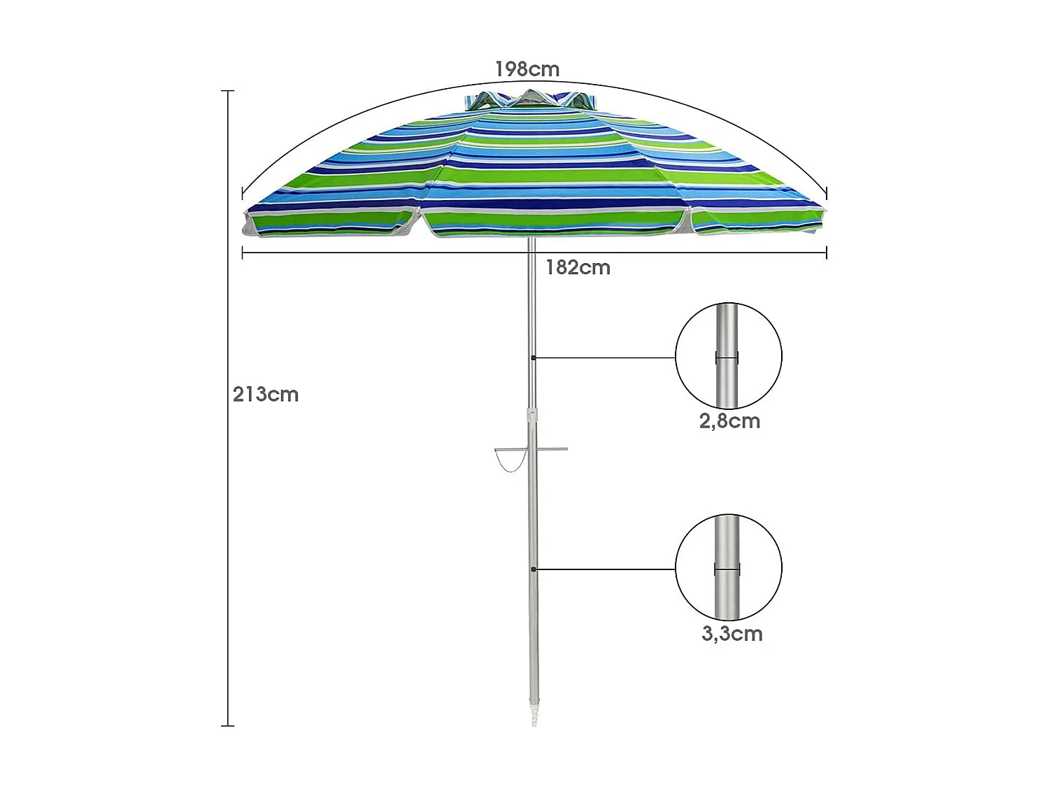 182cm strandparaplu met zandanker, Patio paraplu met drukknop kantel & UPF 50 + bescherming, draagbare parasol met draagtas voor tuin,buiten (Groen + blauw)ZB34460