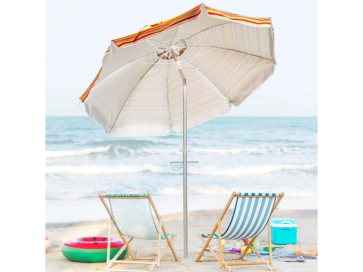 182cm strandparaplu met zandanker, Patio paraplu met drukknop kantel & UPF 50 + bescherming, draagbare parasol met draagtas voor tuin,buiten (Geel + rood)ZB34460