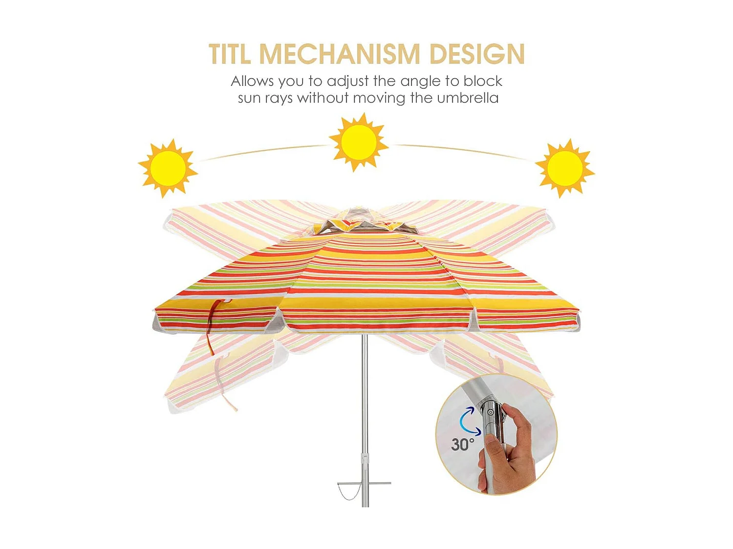 182cm strandparaplu met zandanker, Patio paraplu met drukknop kantel & UPF 50 + bescherming, draagbare parasol met draagtas voor tuin,buiten (Geel + rood)ZB34460