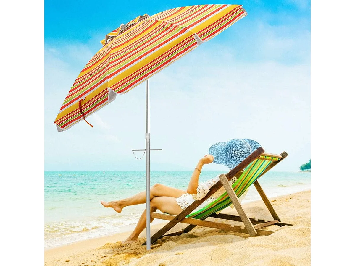 182cm strandparaplu met zandanker, Patio paraplu met drukknop kantel & UPF 50 + bescherming, draagbare parasol met draagtas voor tuin,buiten (Geel + rood)ZB34460