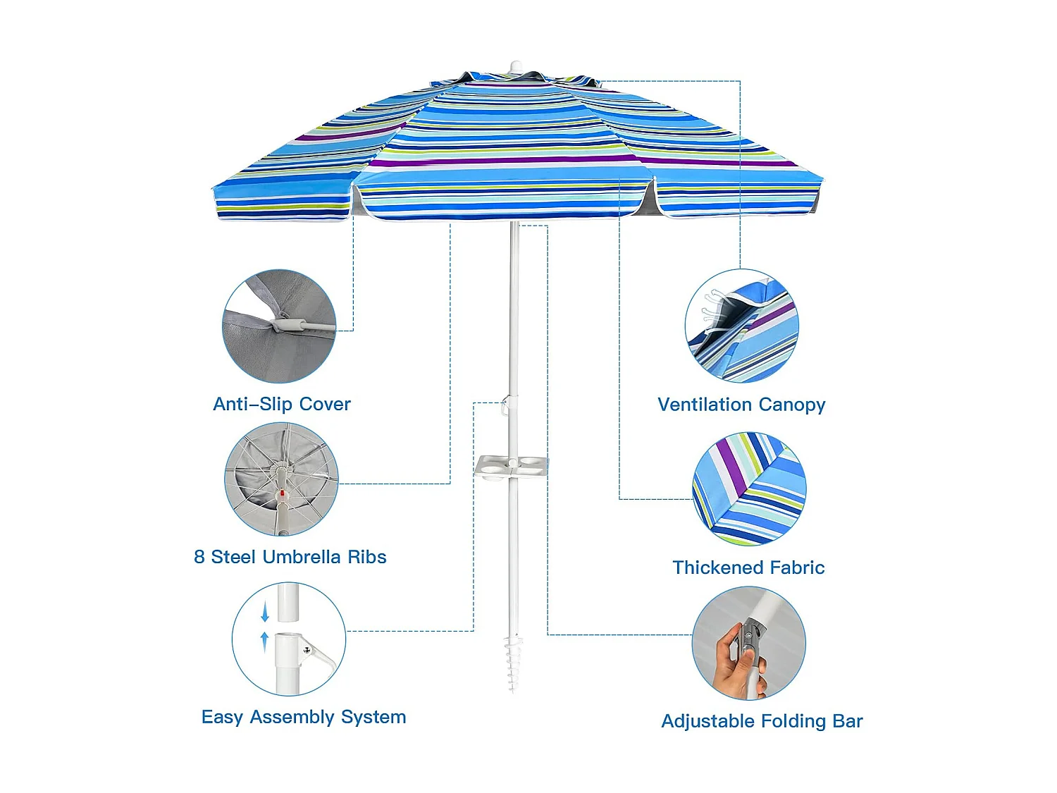 2,2m strandparasol strandparaplu met draagtas, UPF50 + zon bescherming zonnescherm, buiten tuin terras kantelen parasol,draagbare zonnescherm (Lichtblauw)ZB34461