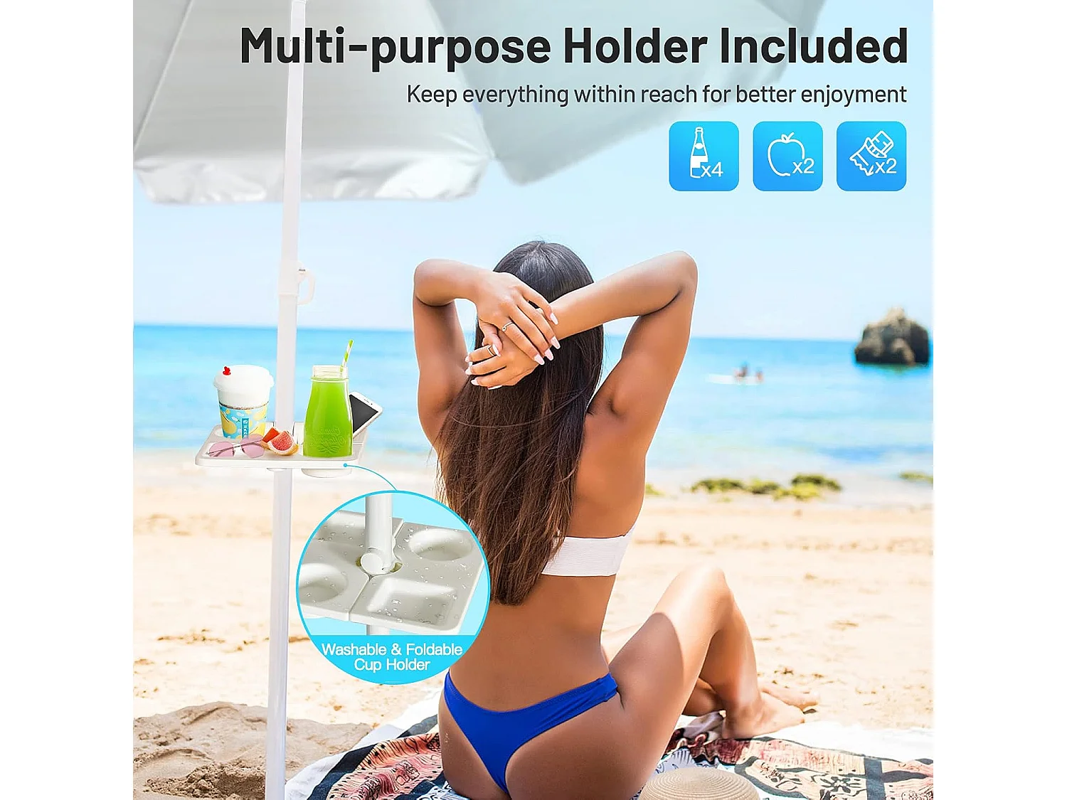 2,2m strandparasol strandparaplu met draagtas, UPF50 + zon bescherming zonnescherm, buiten tuin terras kantelen parasol,draagbare zonnescherm (Lichtblauw)ZB34461